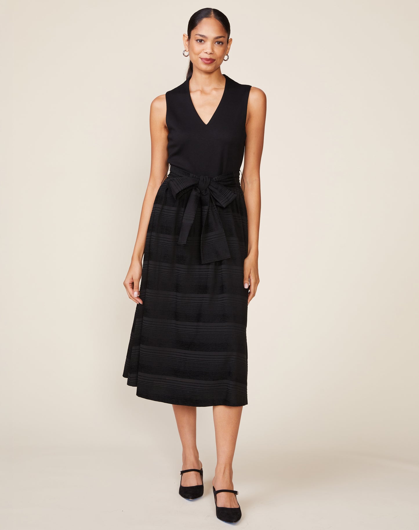 Sleeveless Mix Media Dress with Sash