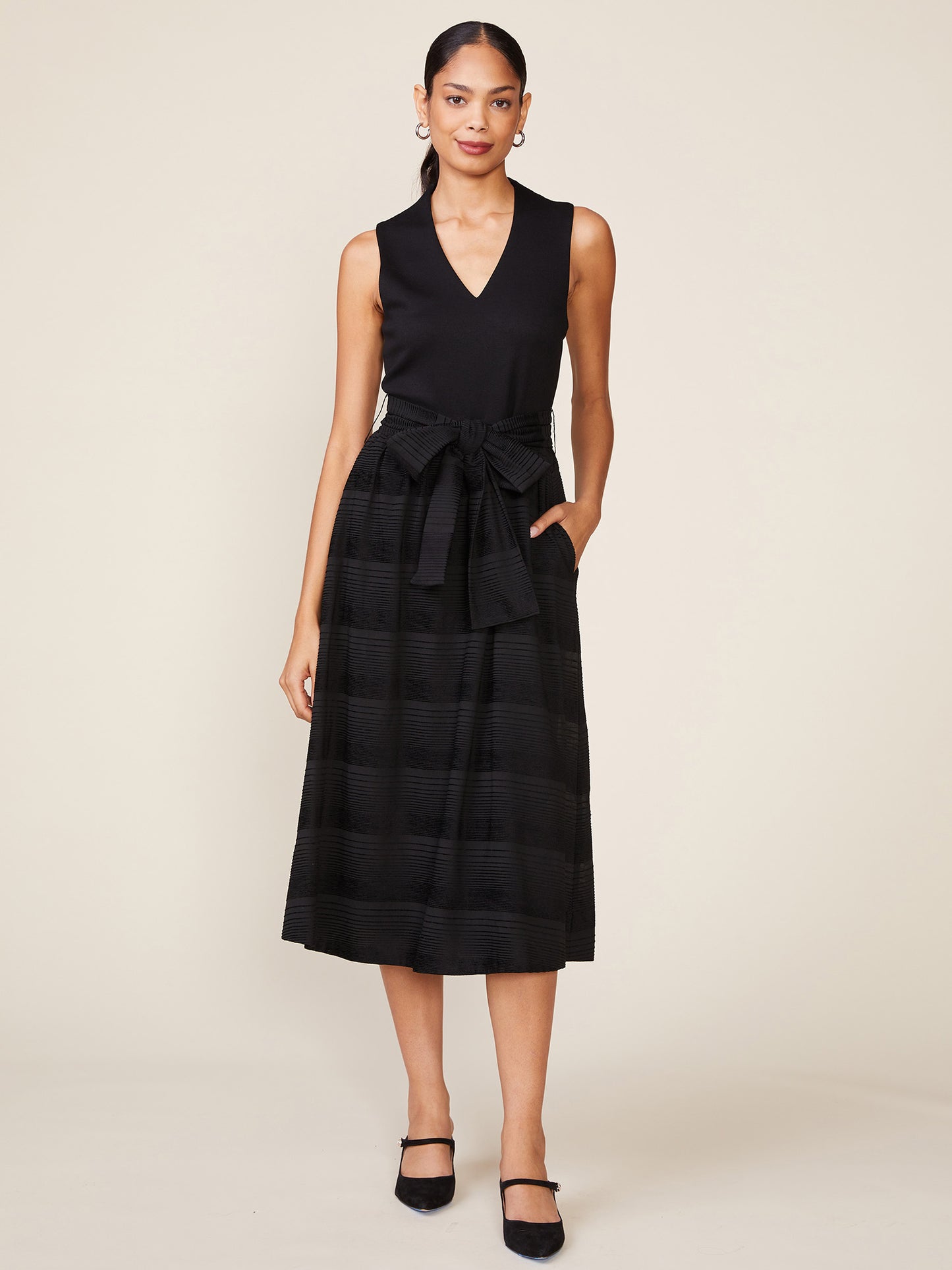 Sleeveless Mix Media Dress with Sash