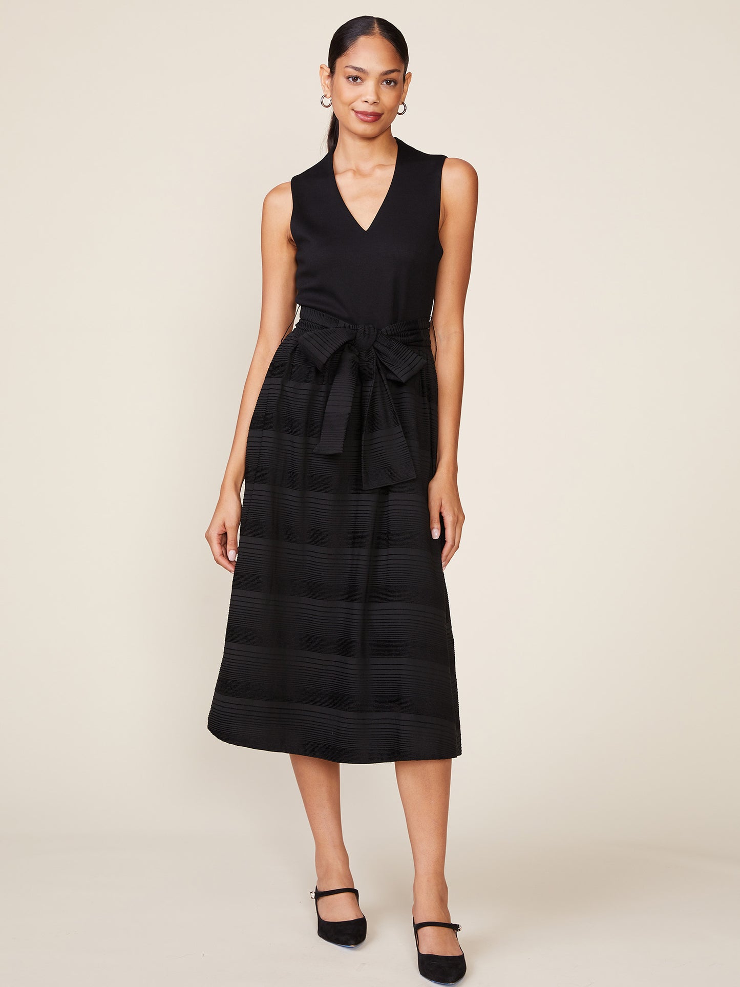 Sleeveless Mix Media Dress with Sash