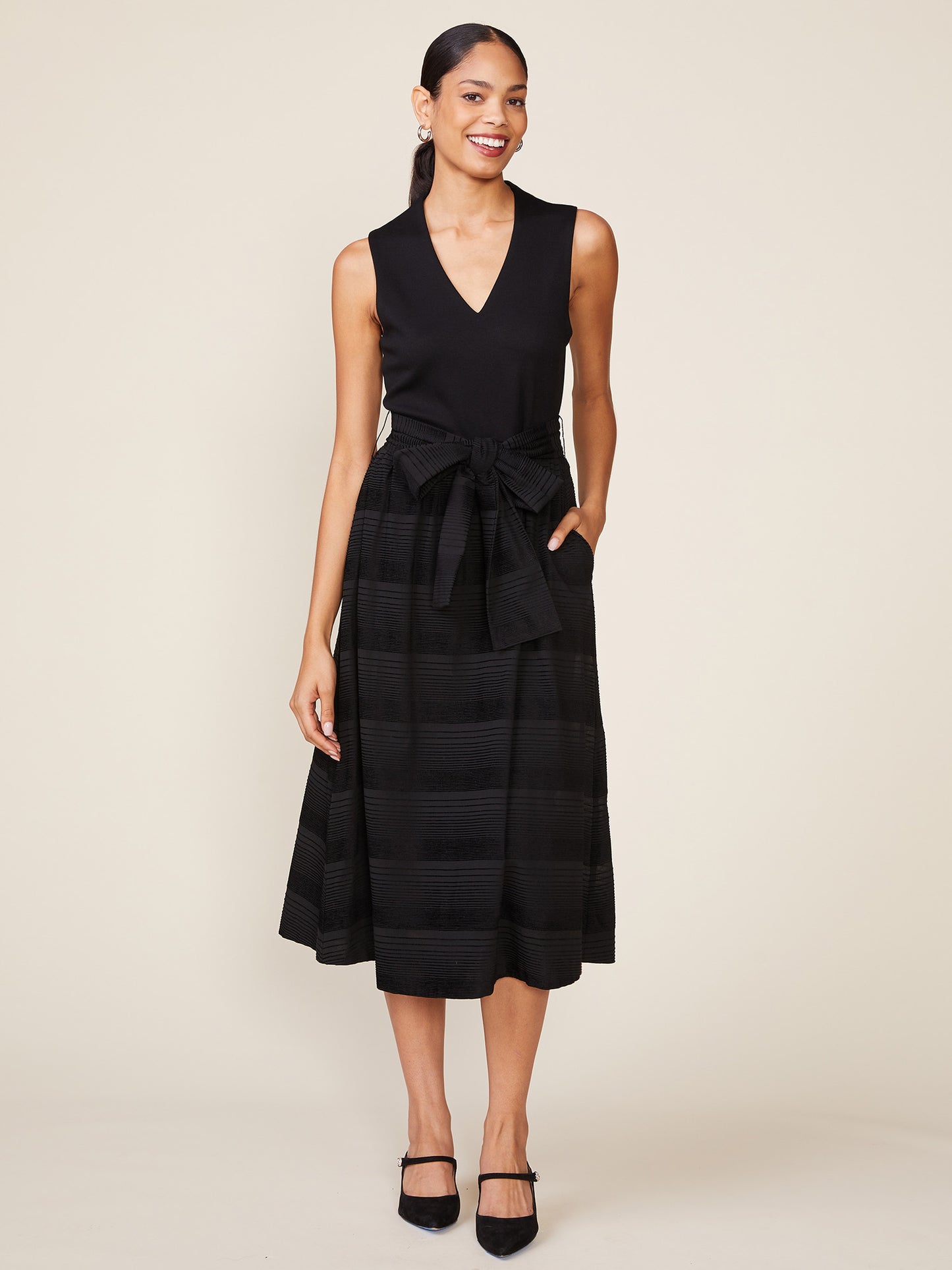 Sleeveless Mix Media Dress with Sash
