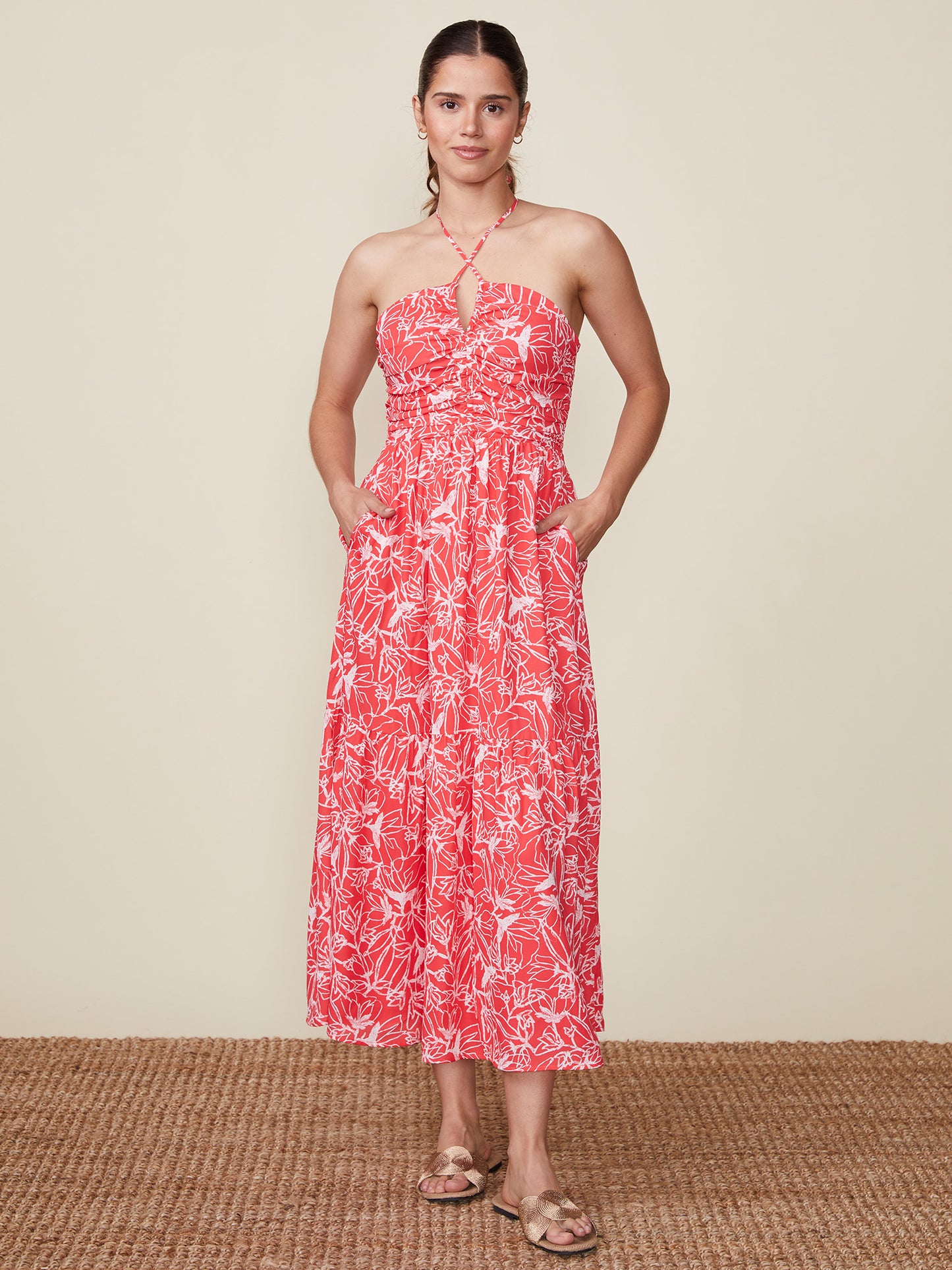 Printed Cinch Front Halter Dress