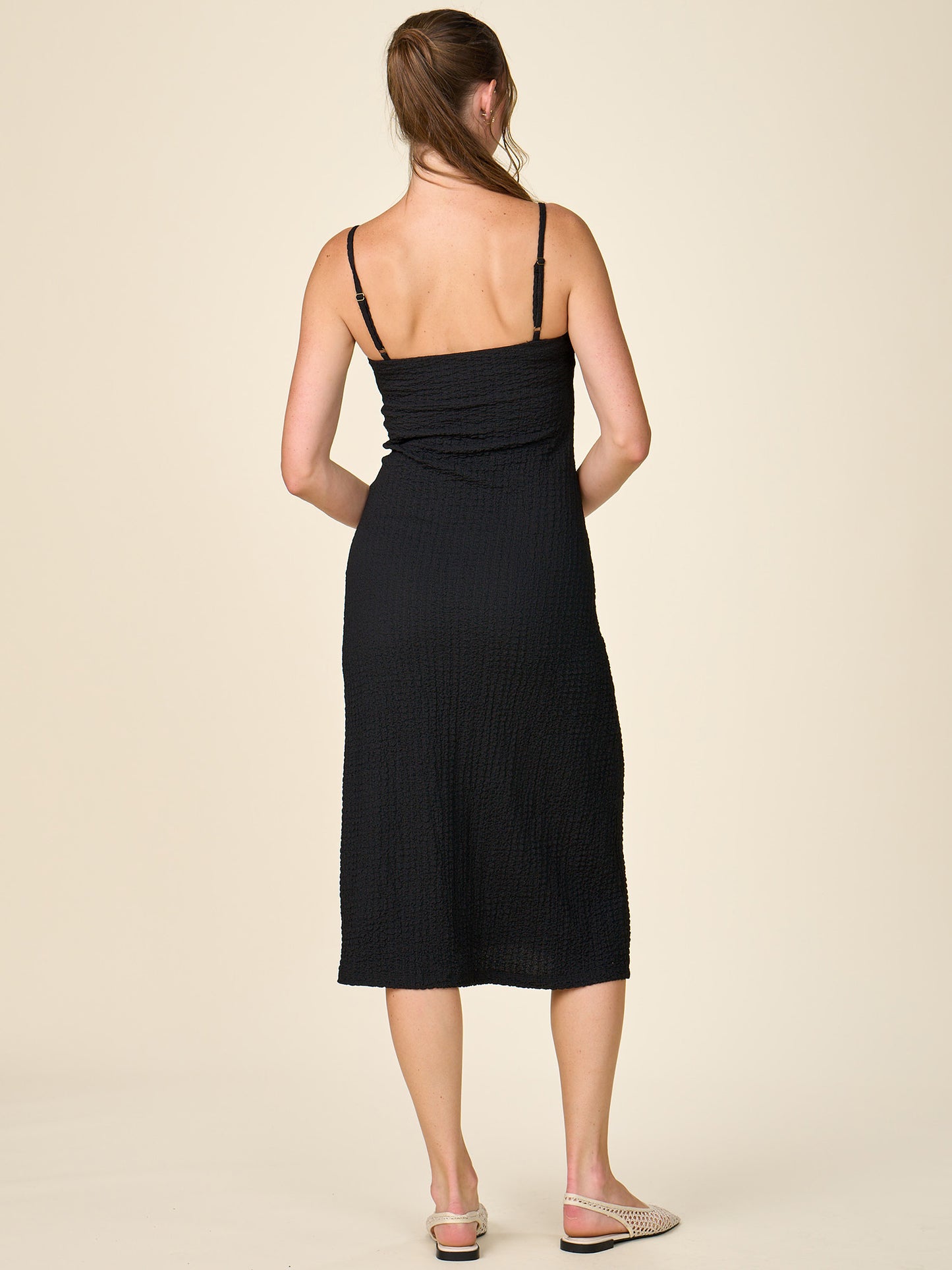 Cinch Front Textured Midi Dress with Beaded Straps