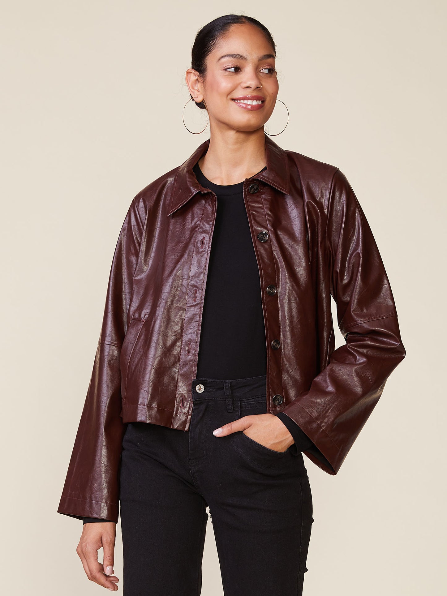 Crinkle Faux Leather Button Front Jacket