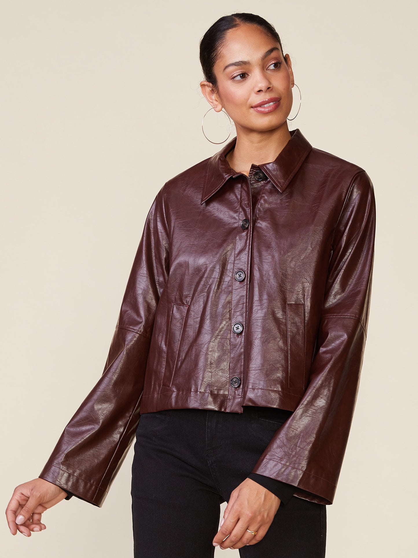 Crinkle Faux Leather Button Front Jacket
