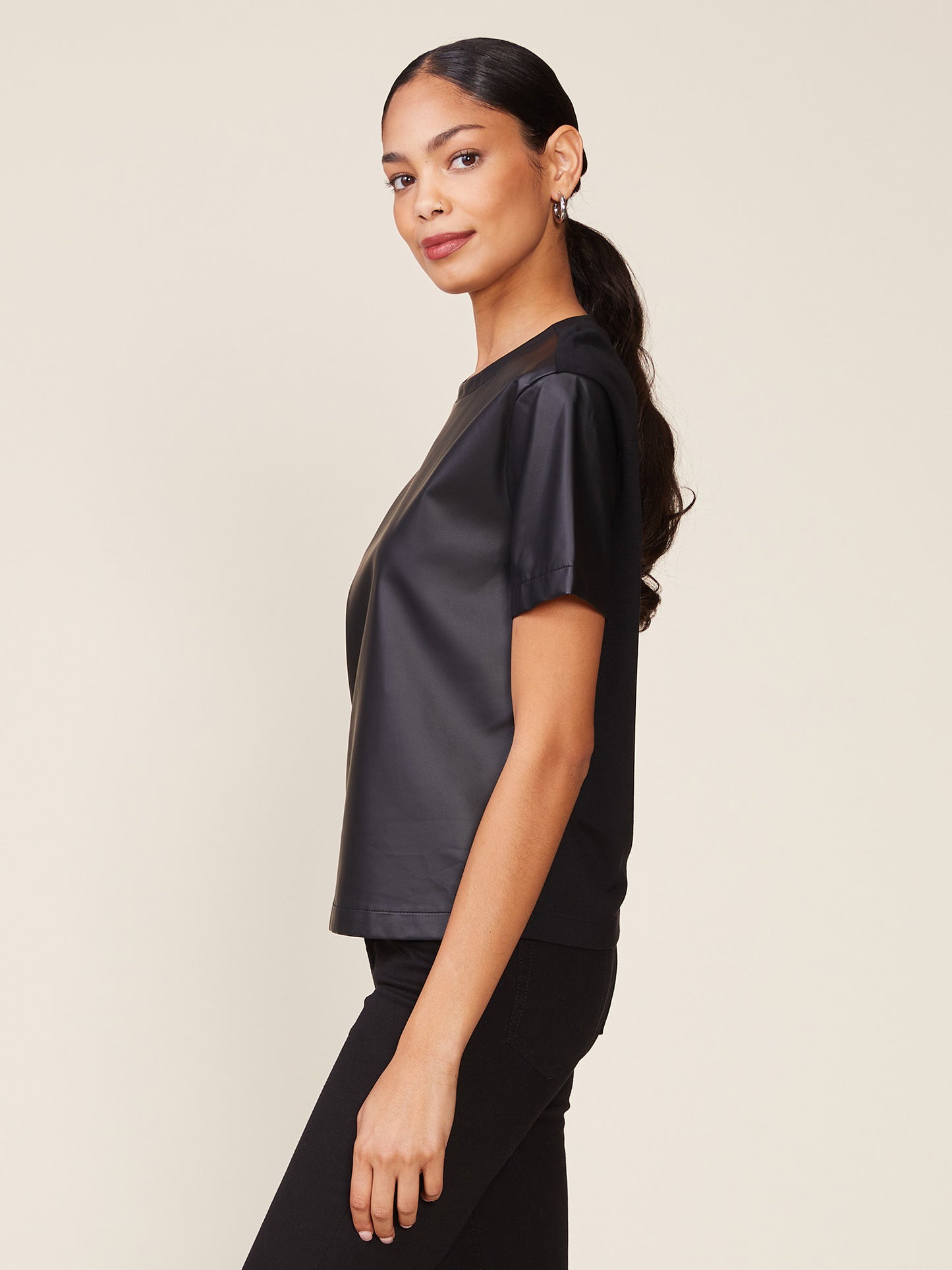 Vegan Leather Ponte Mix Short Sleeve Tee