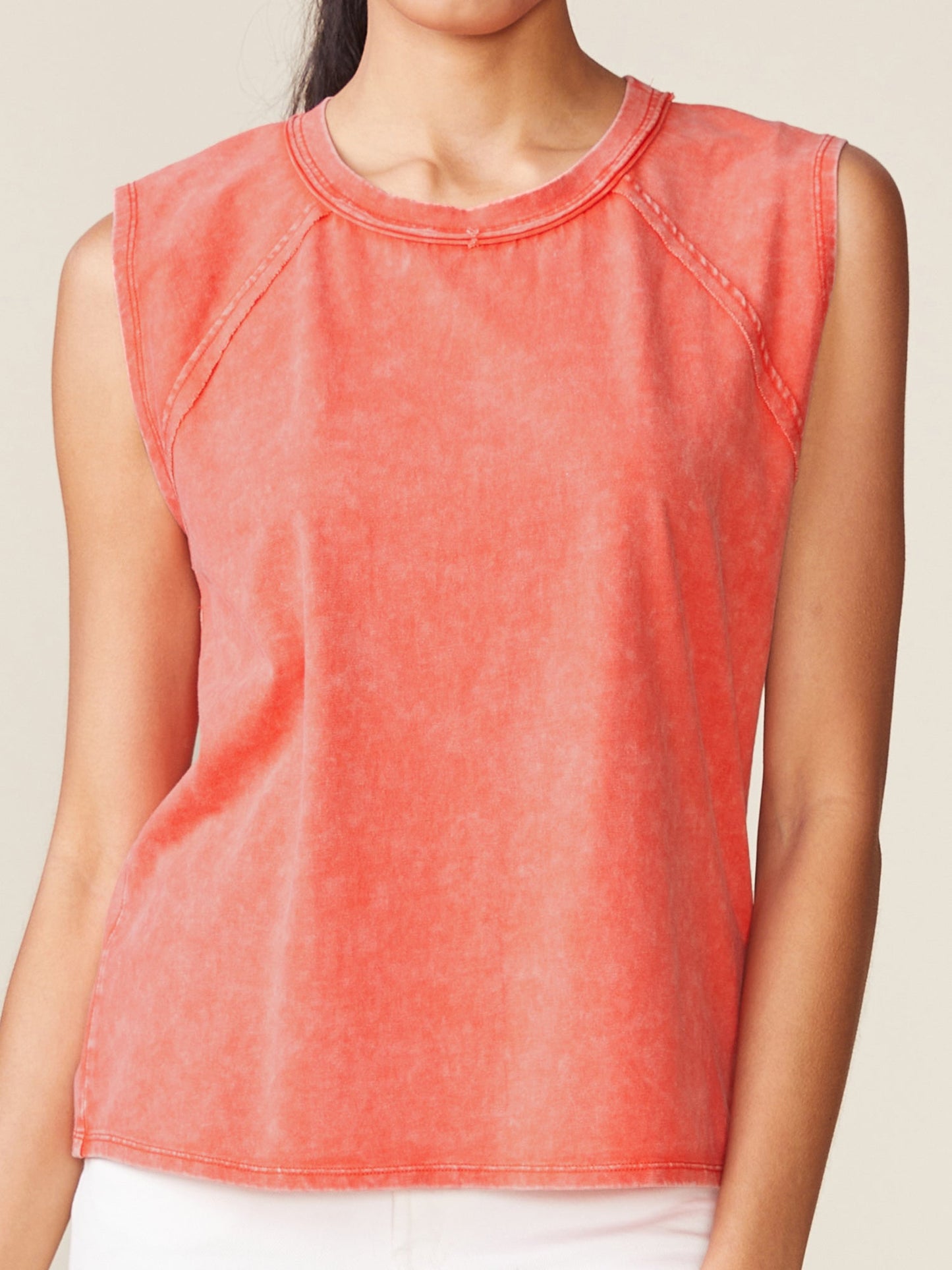 Washed Raw Edge Seamed Muscle Tank - Washed Red Alert