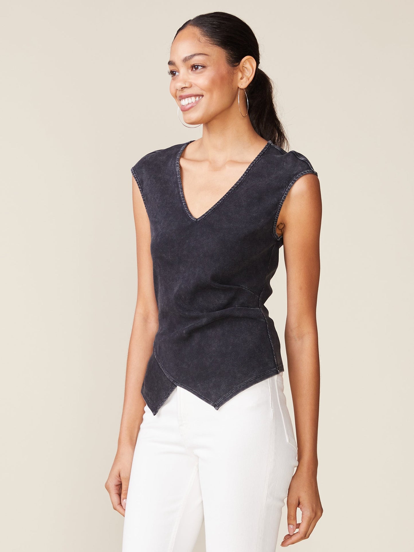 Washed Rib Knit Vest Top - Black