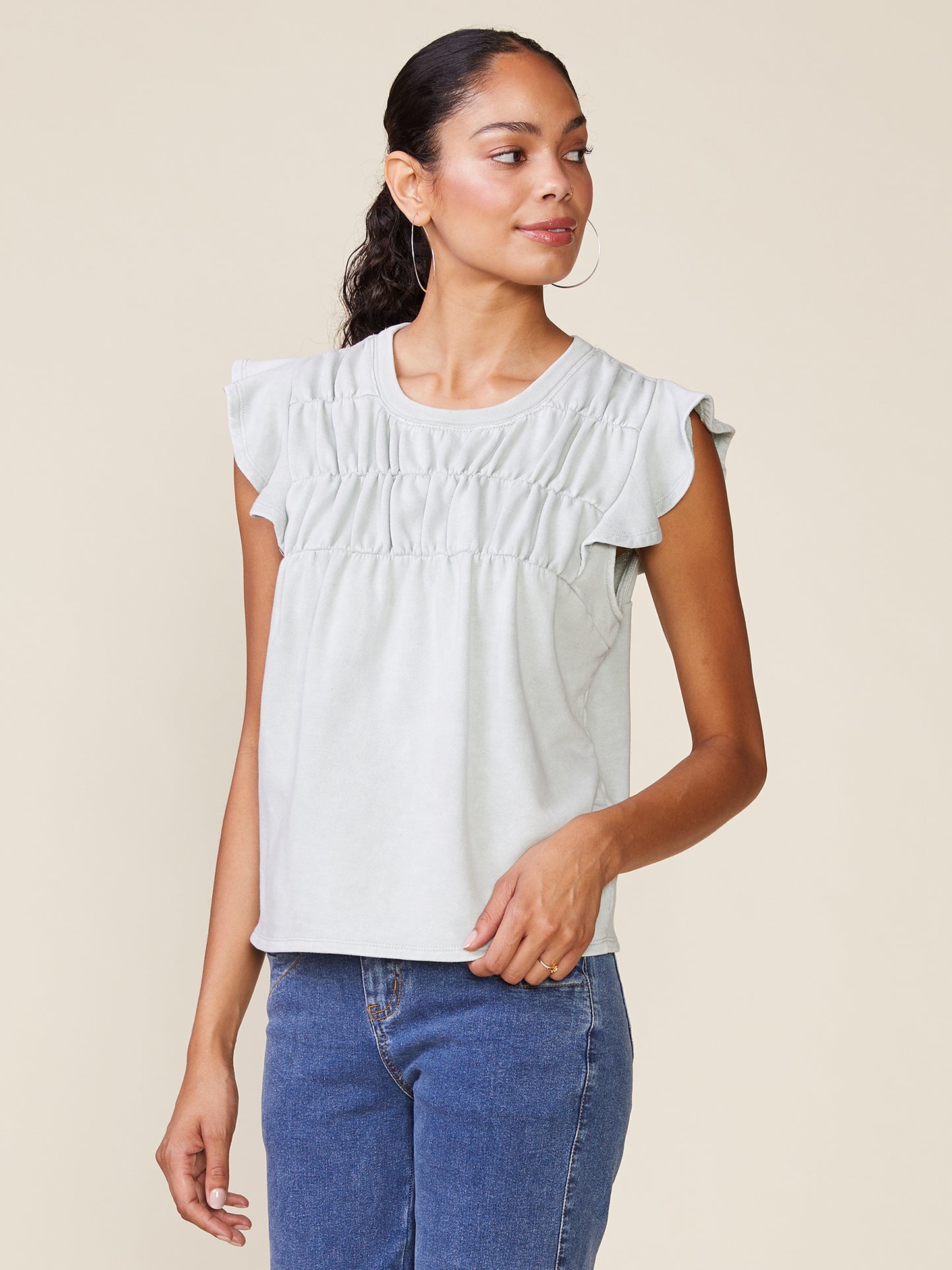 Washed Flutter Sleeve Shirring Detail Top