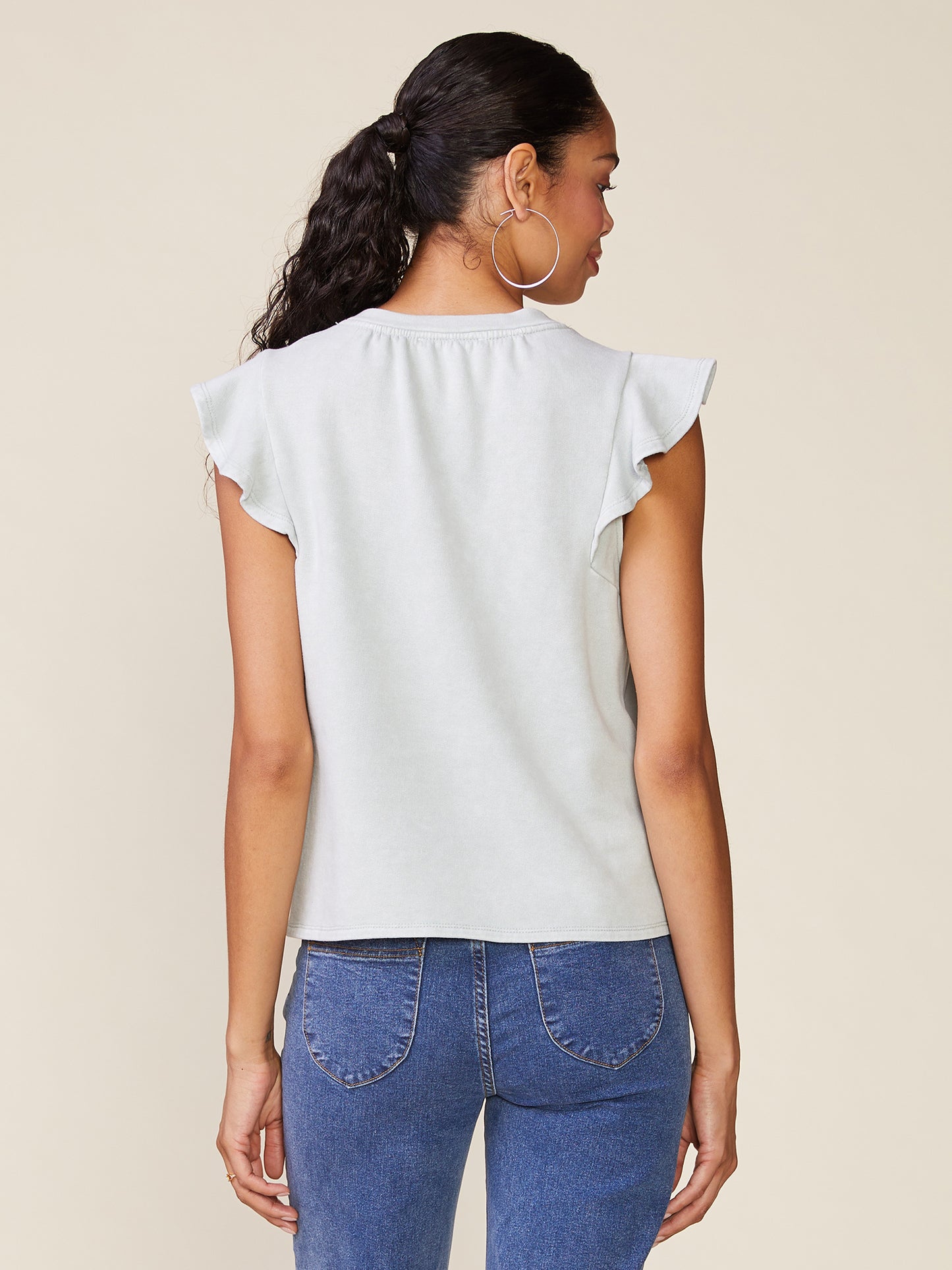 Washed Flutter Sleeve Shirring Detail Top