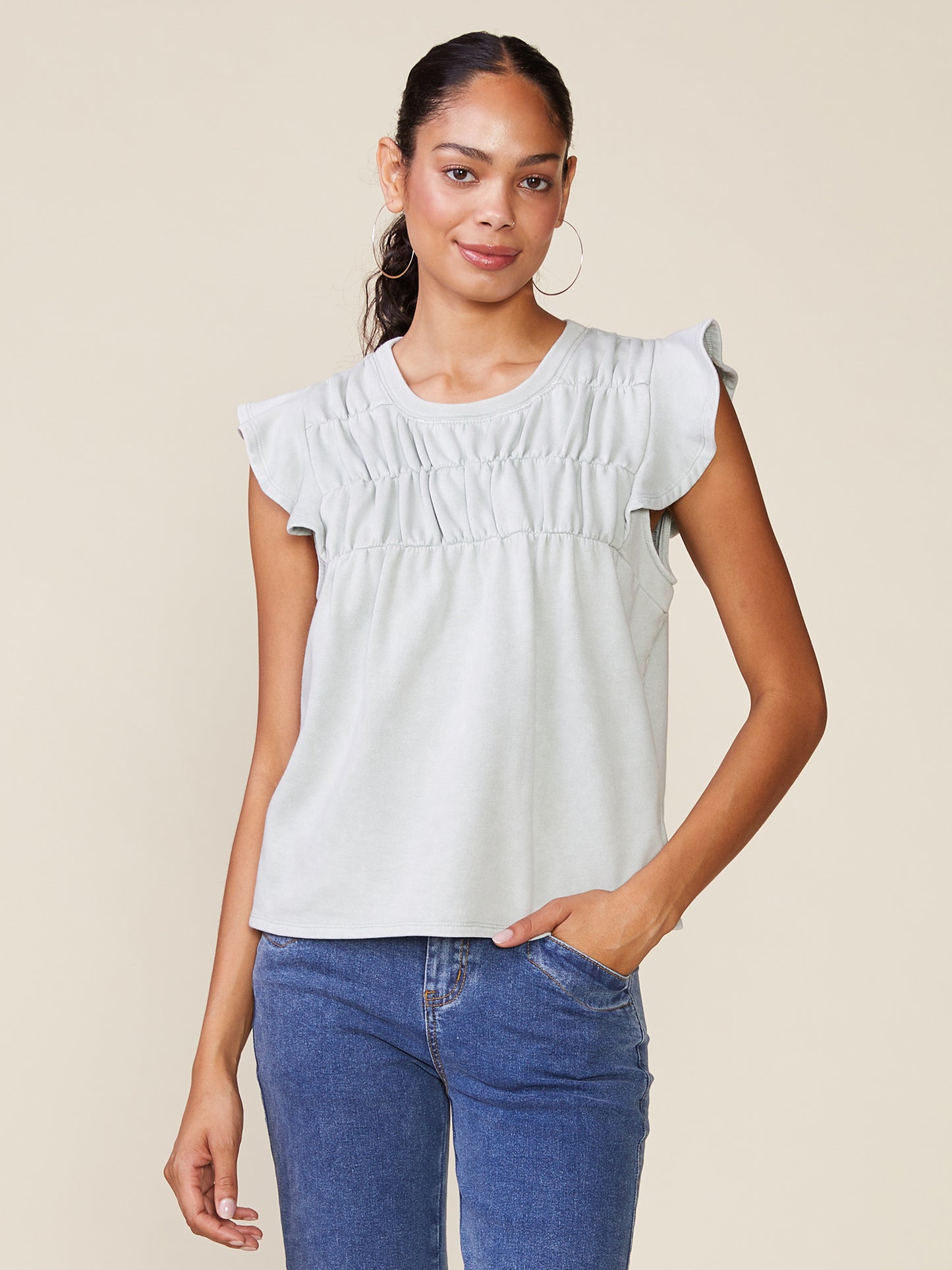 Washed Flutter Sleeve Shirring Detail Top
