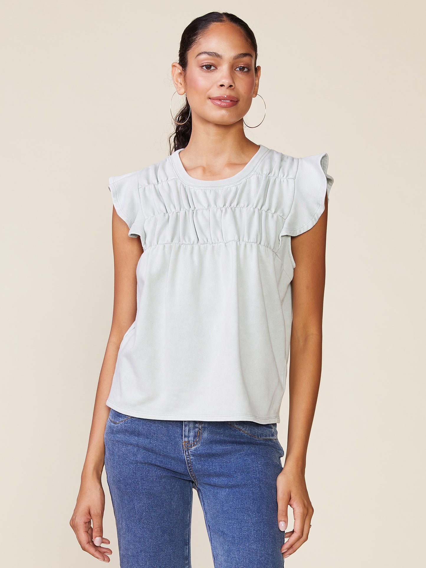 Washed Flutter Sleeve Shirring Detail Top