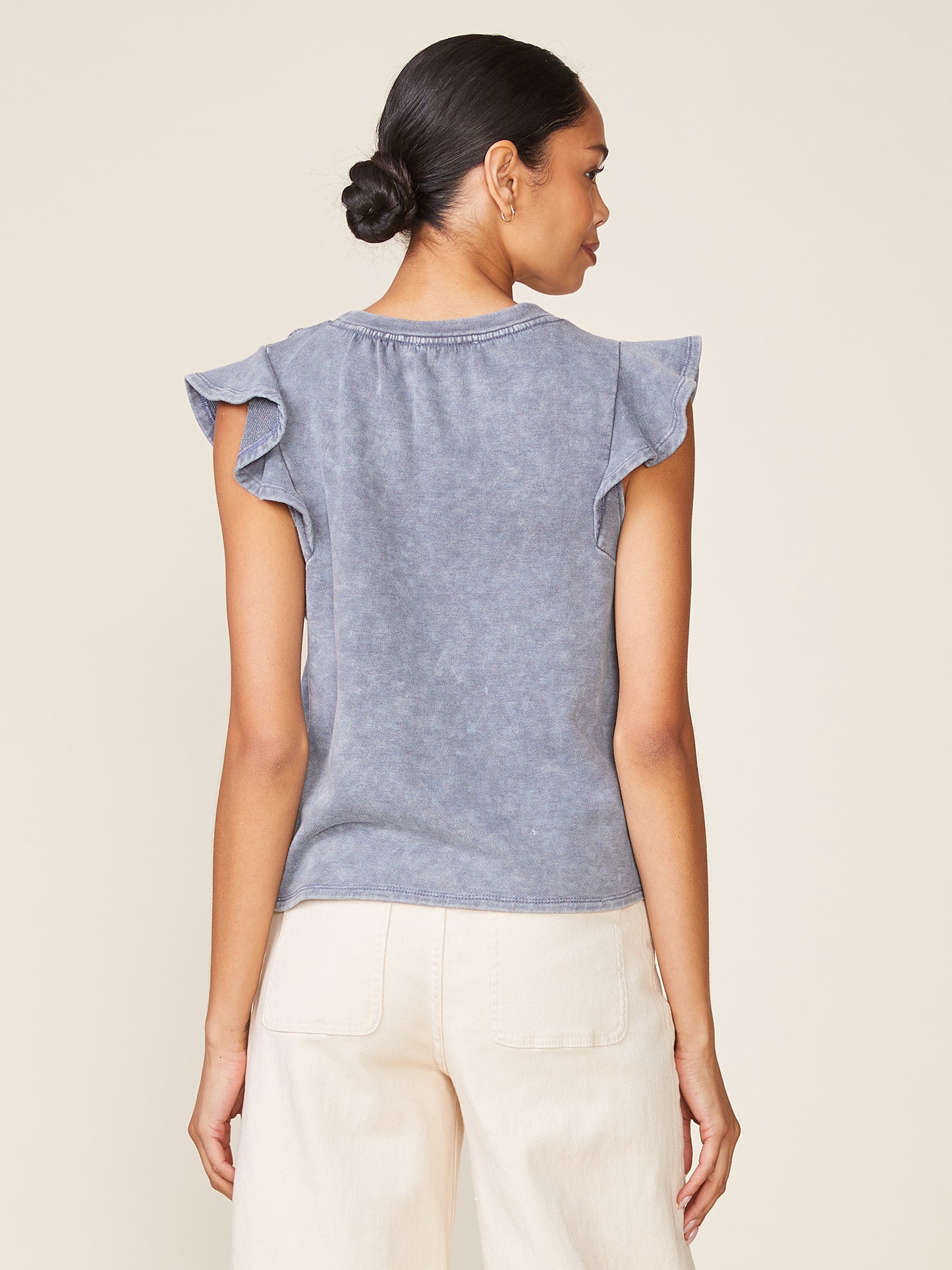 Washed Flutter Sleeve Shirring Detail Top
