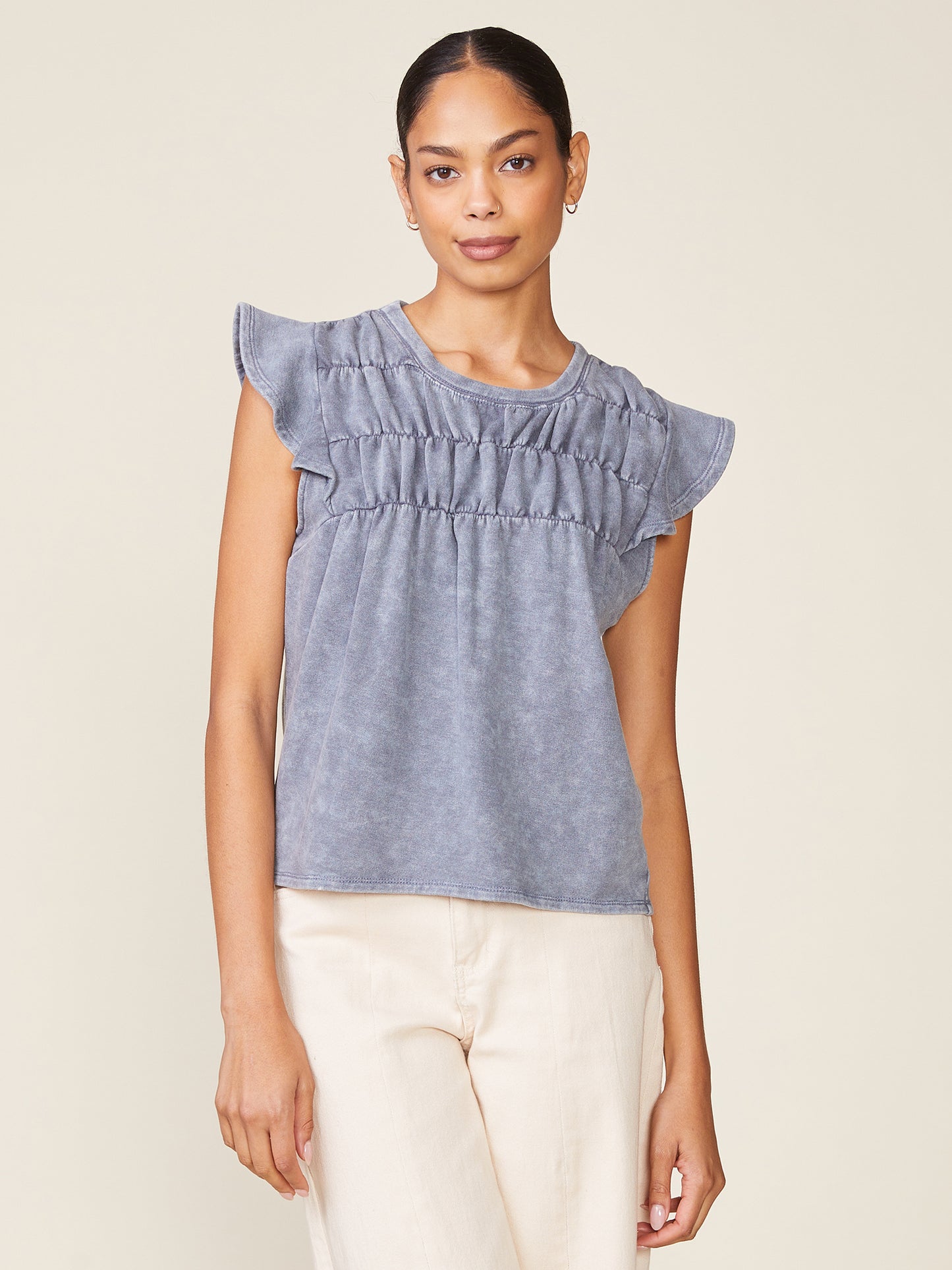 Washed Flutter Sleeve Shirring Detail Top