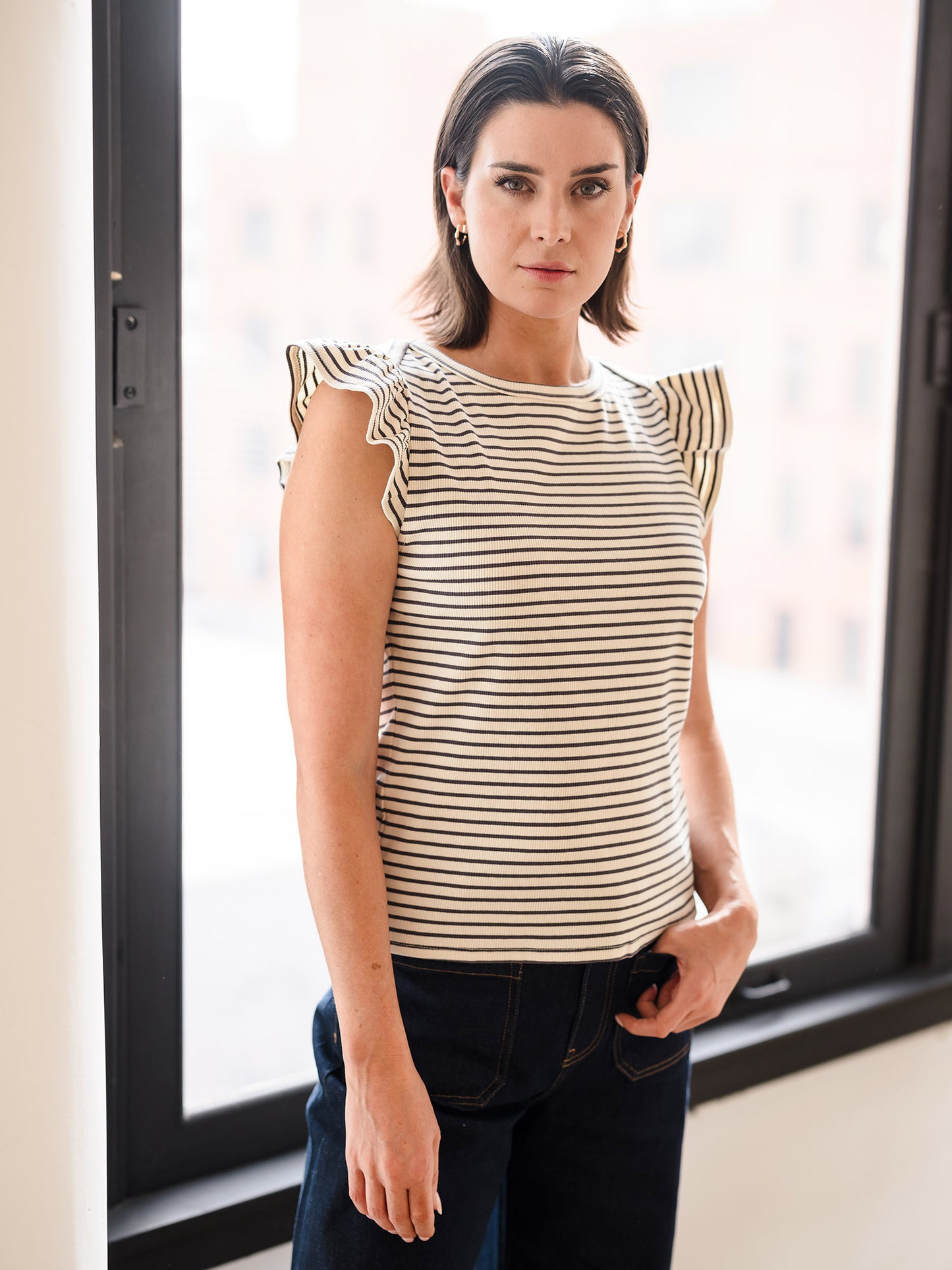 Flutter Sleeve Stripe Knit Top