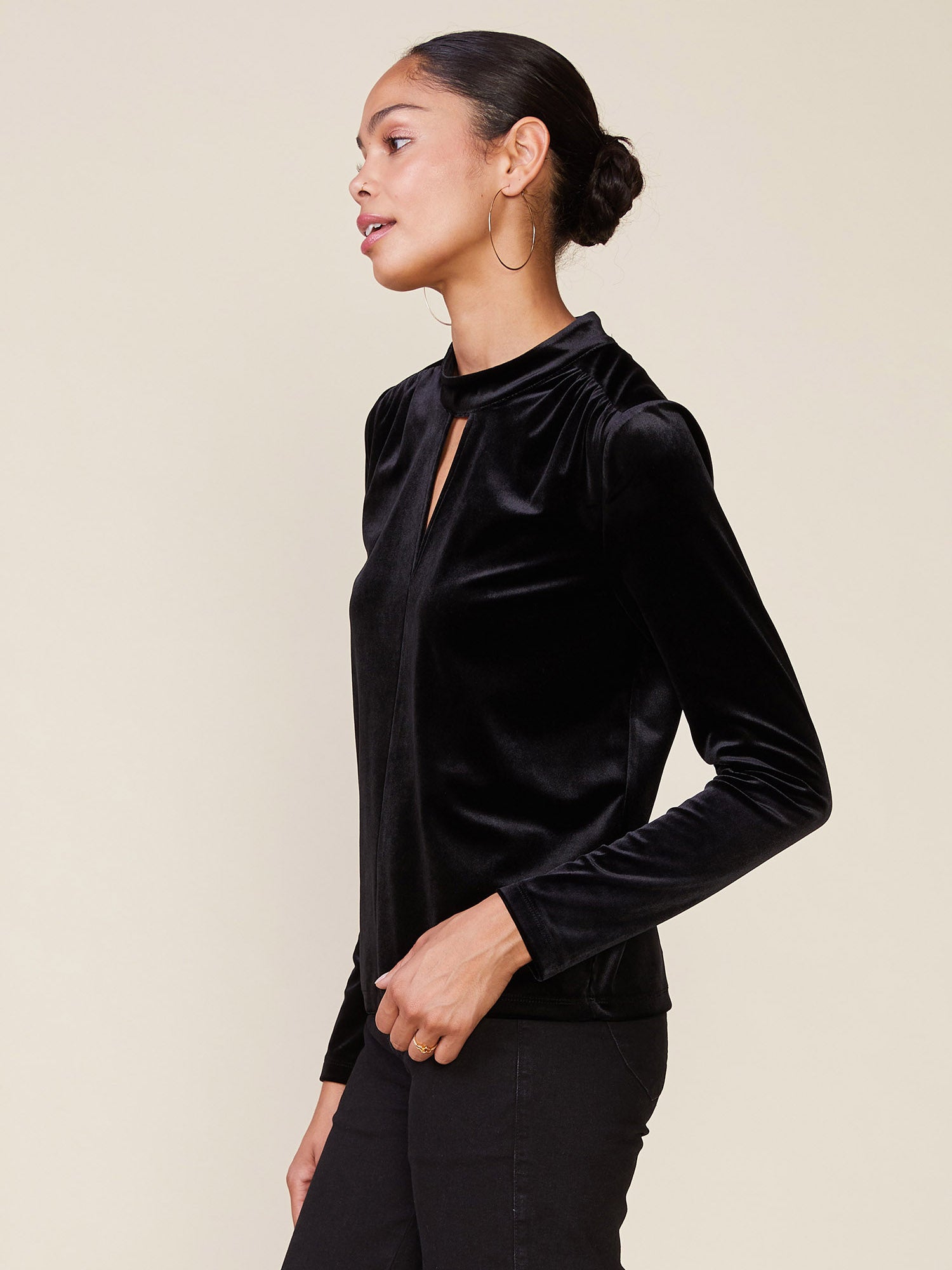 Mock Neck Keyhole Split Velvet Top