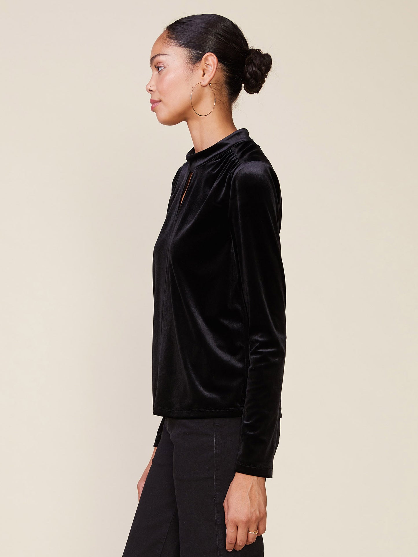 Mock Neck Keyhole Split Velvet Top