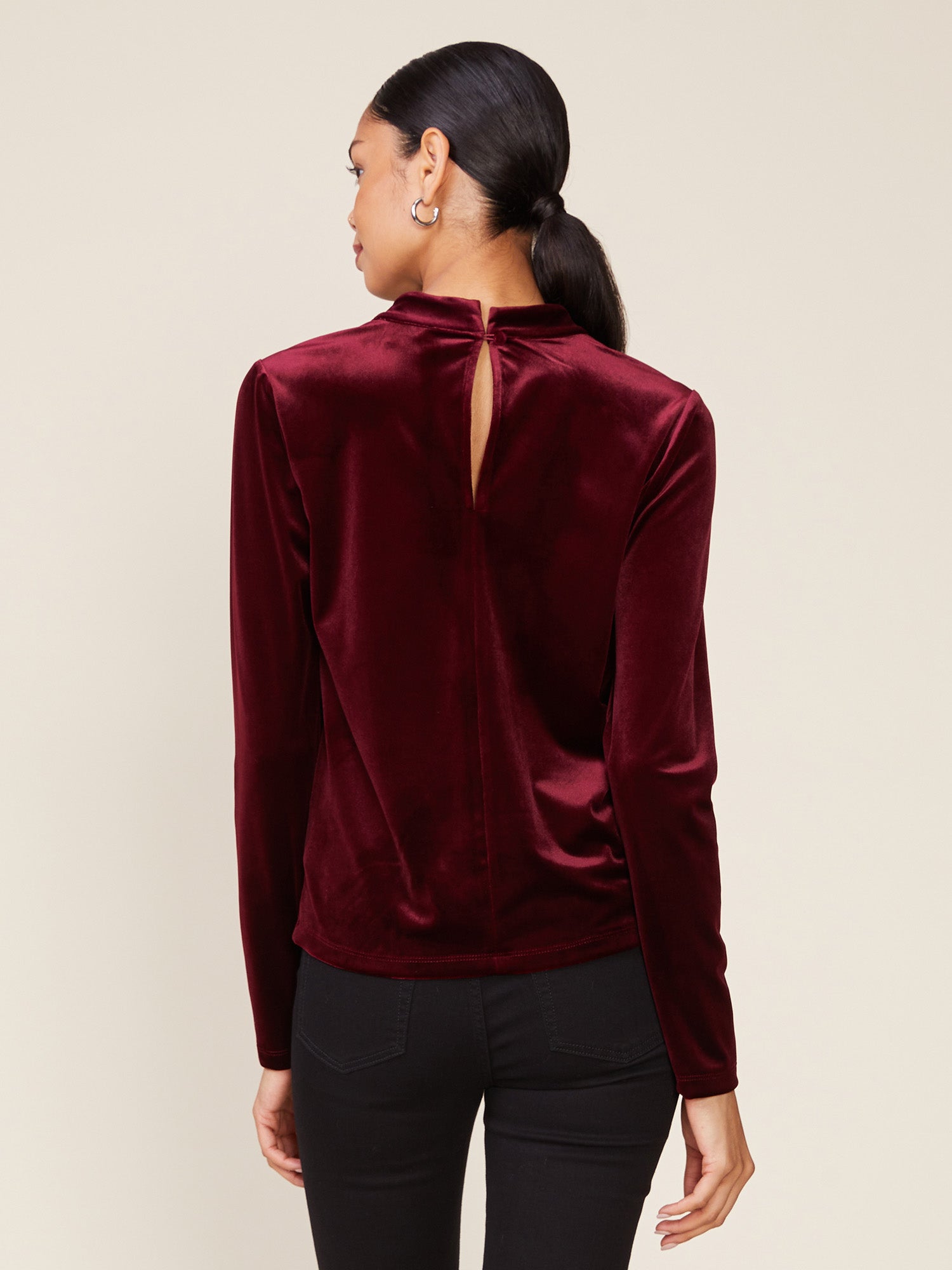 Mock Neck Keyhole Split Velvet Top