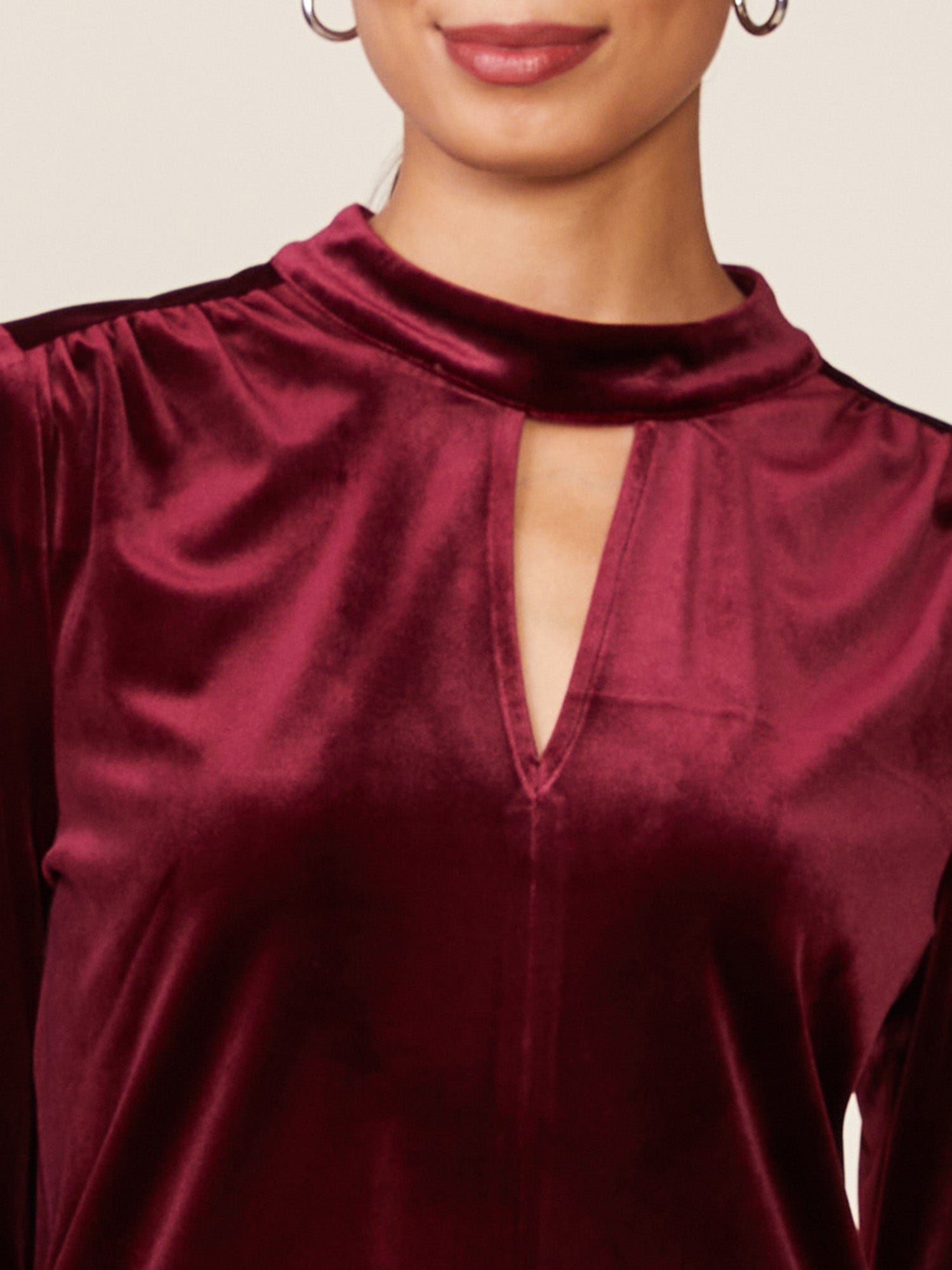 Mock Neck Keyhole Split Velvet Top