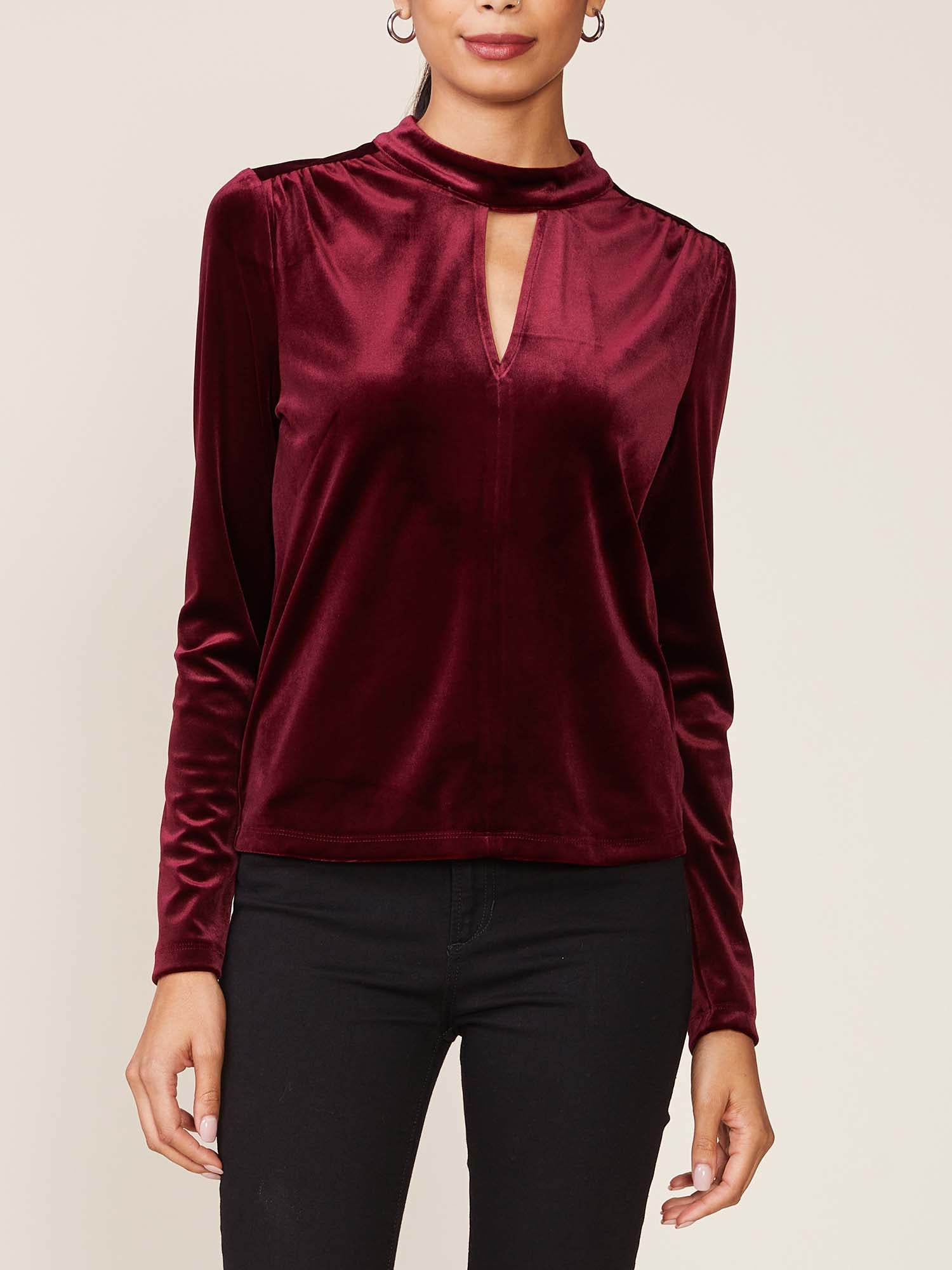 Mock Neck Keyhole Split Velvet Top