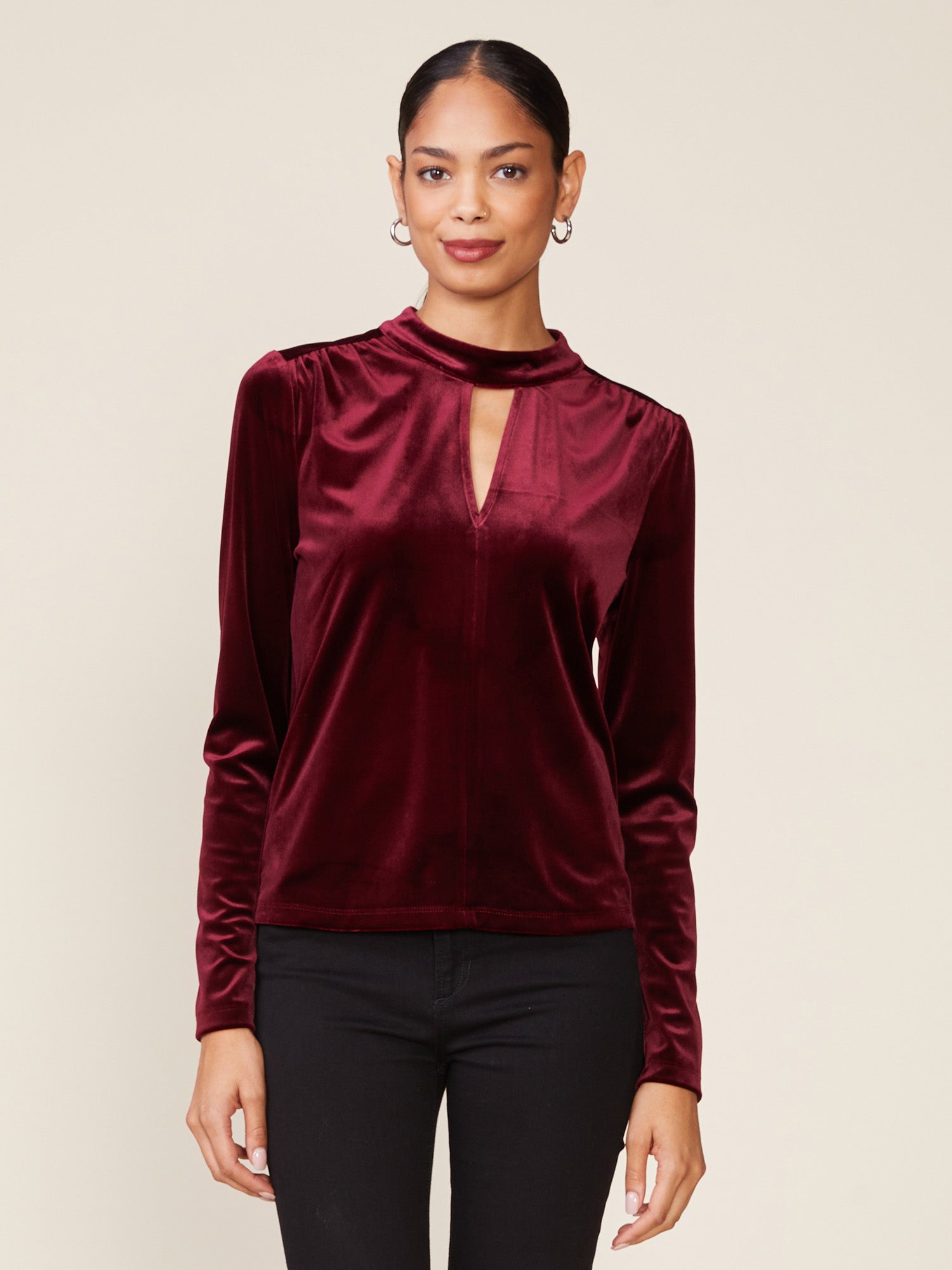 Mock Neck Keyhole Split Velvet Top