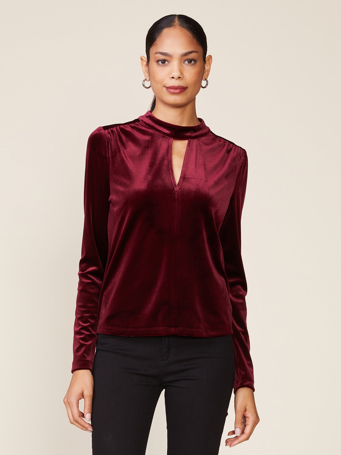 Mock Neck Keyhole Split Velvet Top