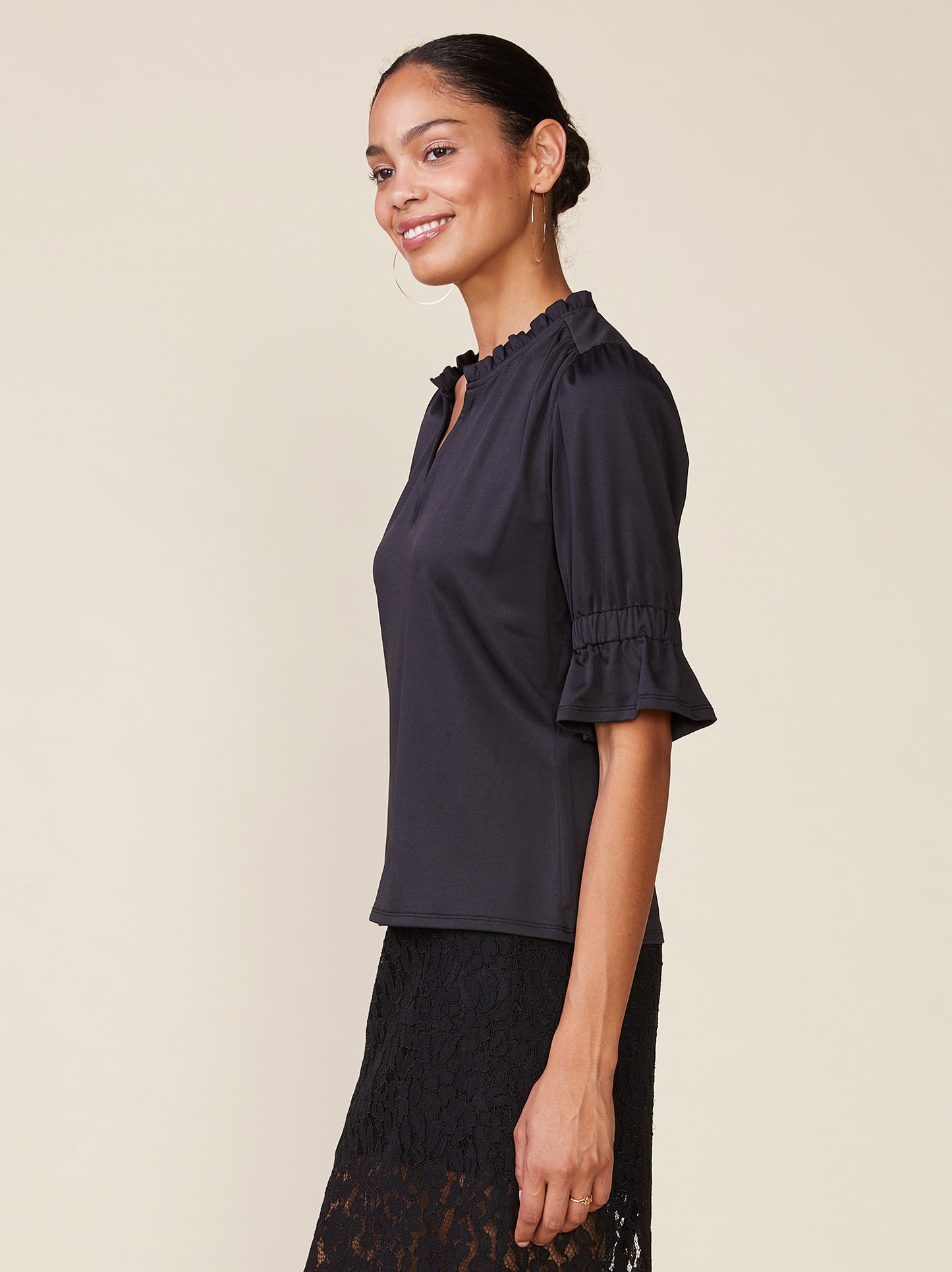 Ruffle Neck Silky Knit Elbow Sleeve Top