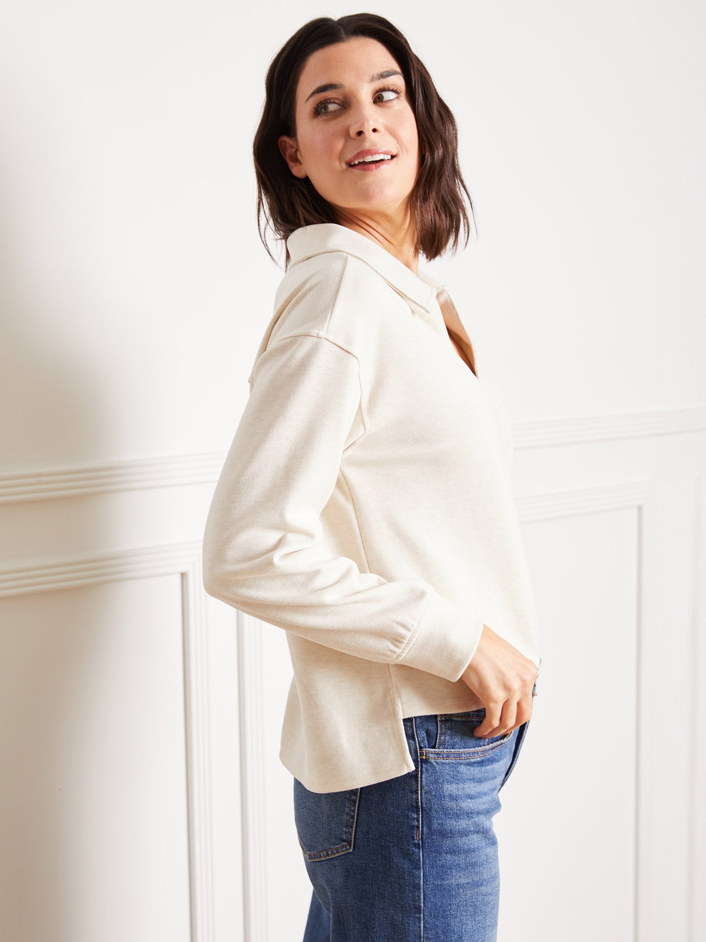 Brushed Knit Twill Collared Pullover