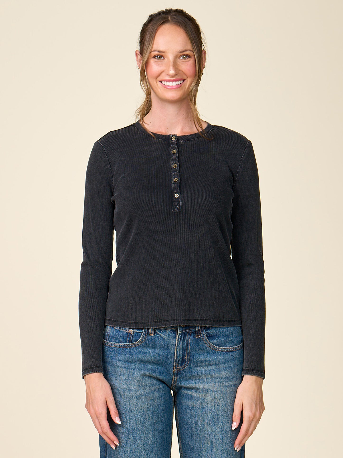 Washed Rib Henley Long Sleeve Top