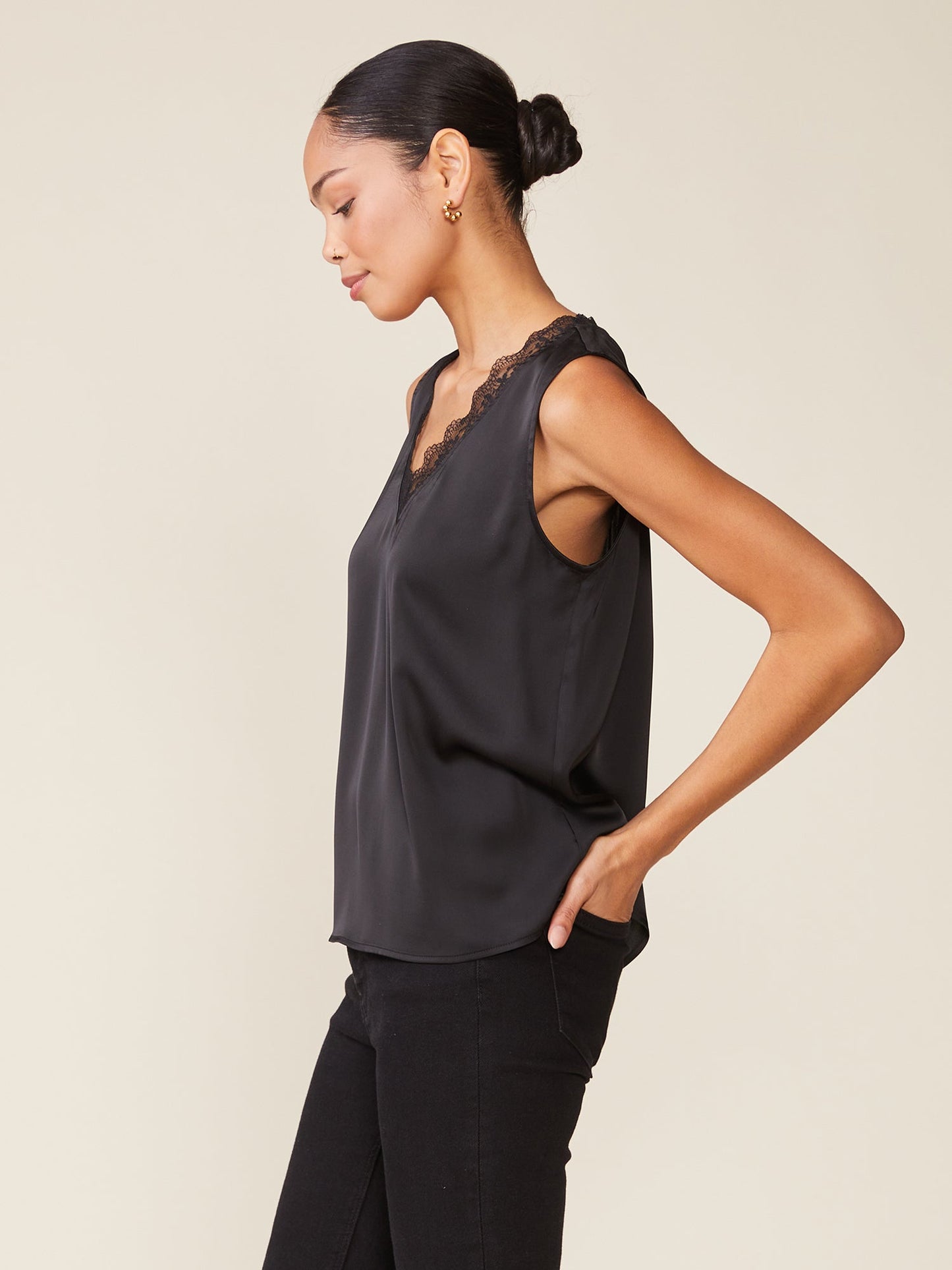 Sunset Satin Sleeveless Lace V-Neck
