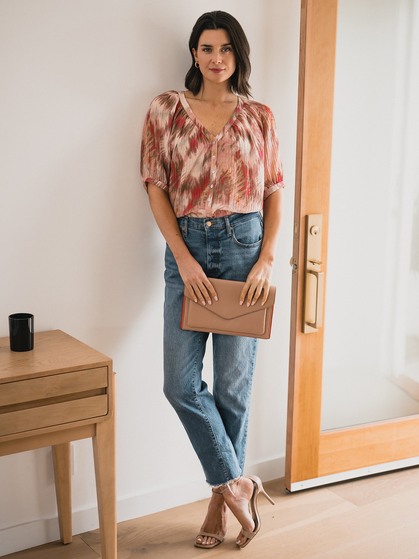Textured Button Front Raglan Blouse