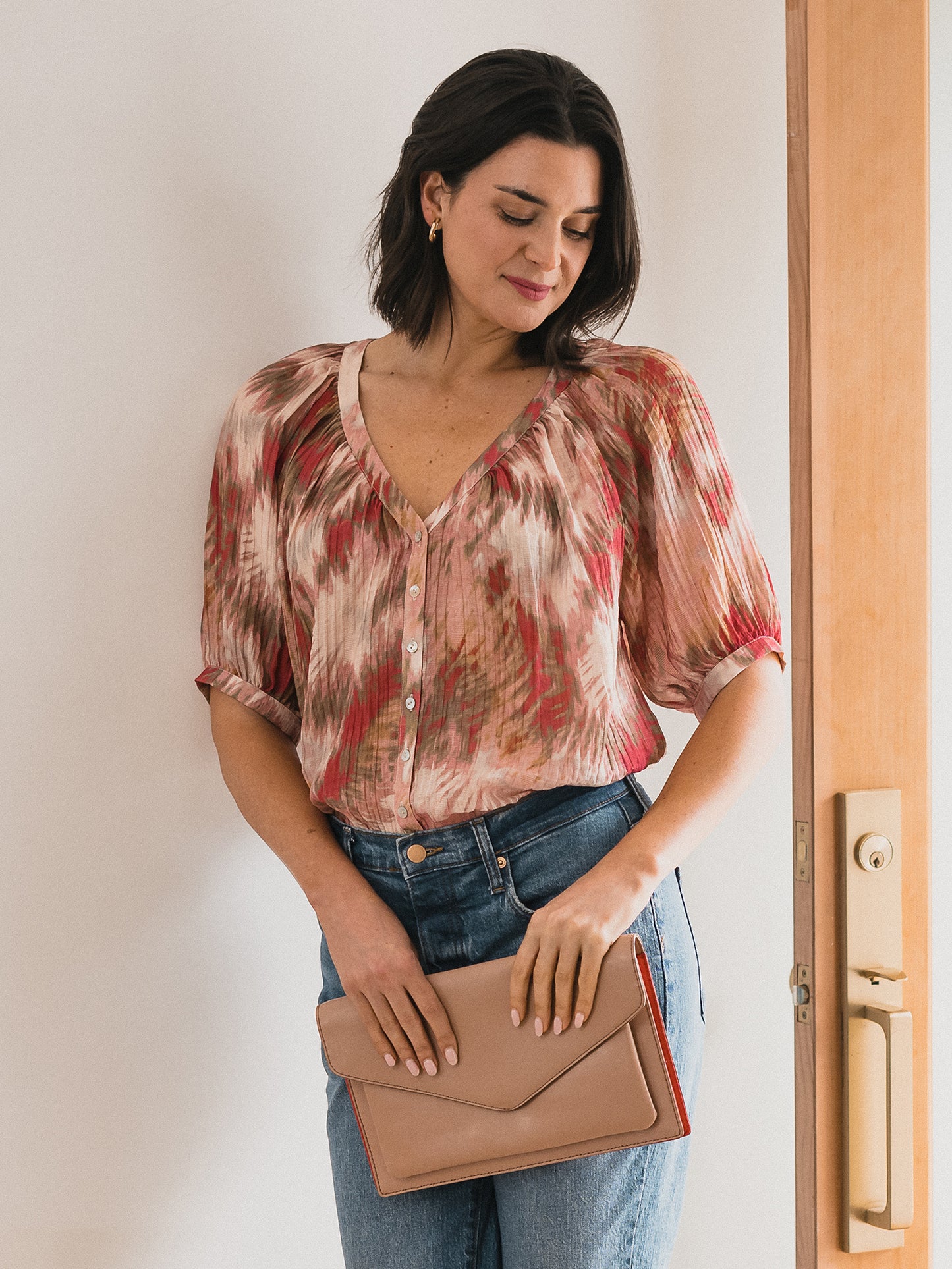 Textured Button Front Raglan Blouse