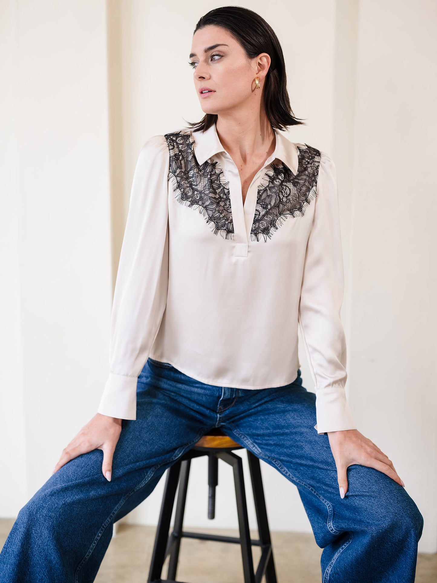 Lace Yoke Long Sleeve Satin Blouse