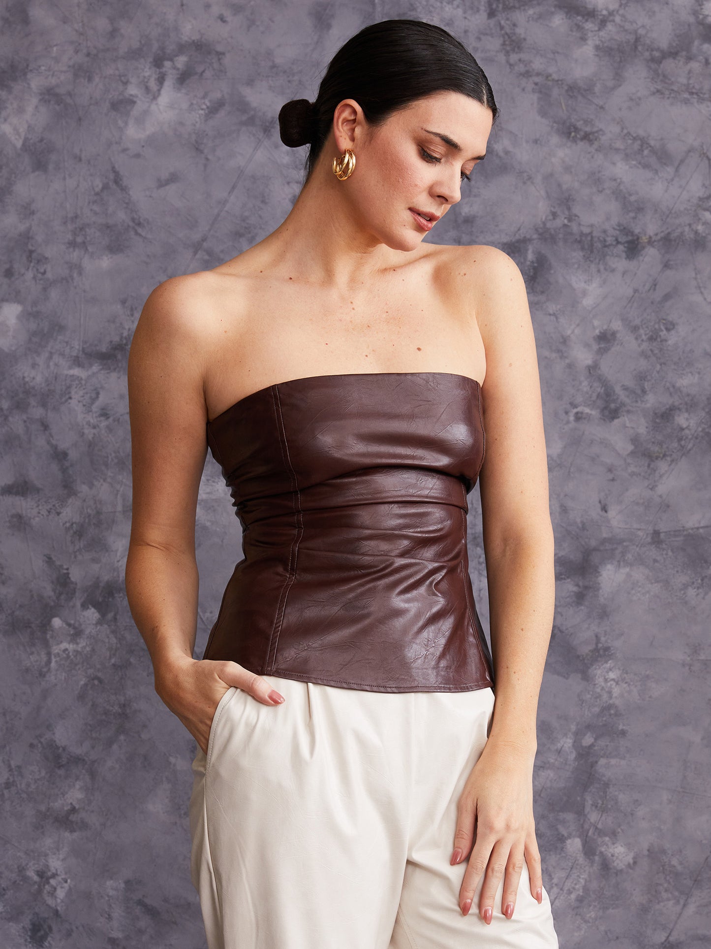 Crinkle Faux Leather Strapless Top