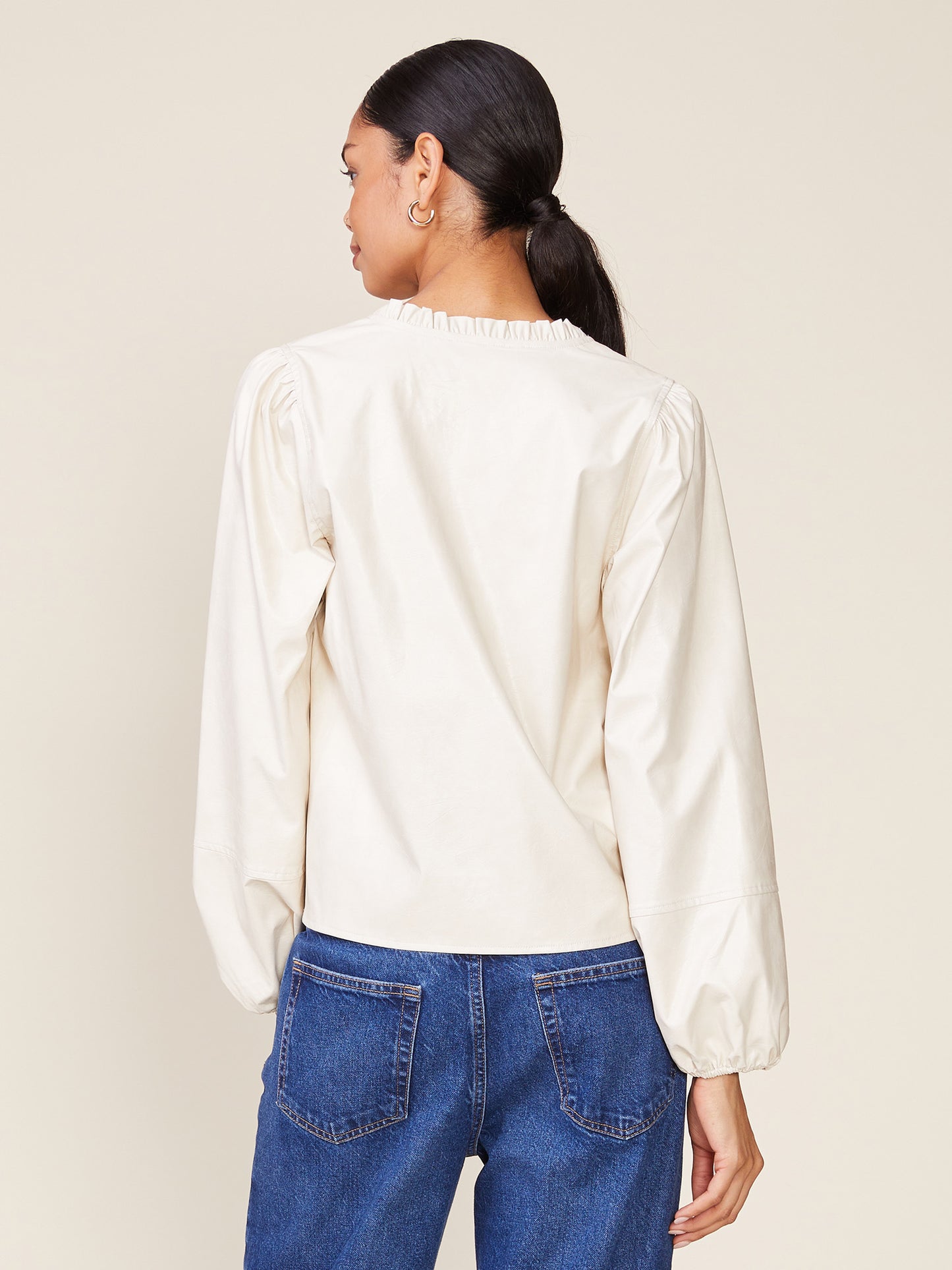 Crinkle Faux Leather Long Sleeve V-Neck Blouse