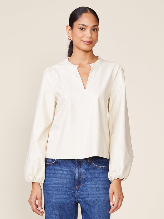 Crinkle Faux Leather Long Sleeve V-Neck Blouse