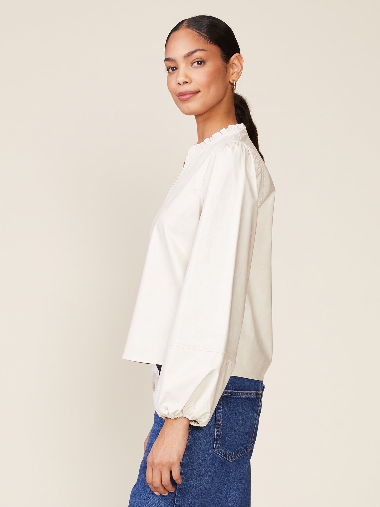 Crinkle Faux Leather Long Sleeve V-Neck Blouse