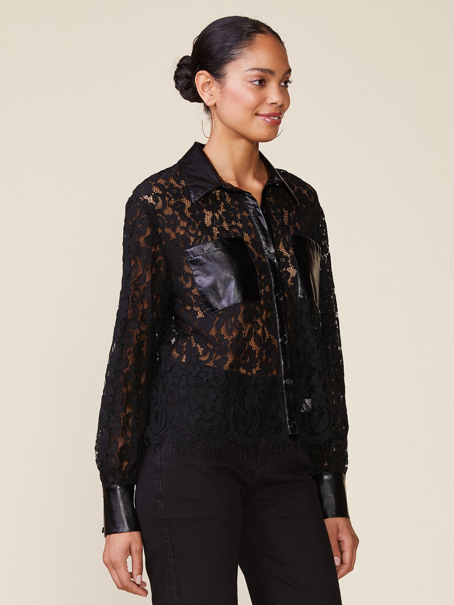 Long Sleeve Lace Button Down Top