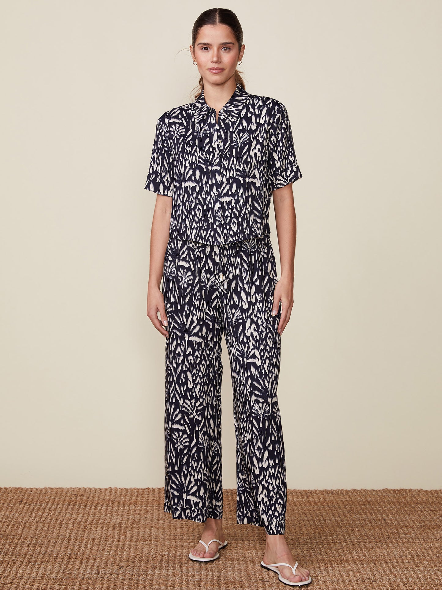 Printed Cropped Button-Up Top