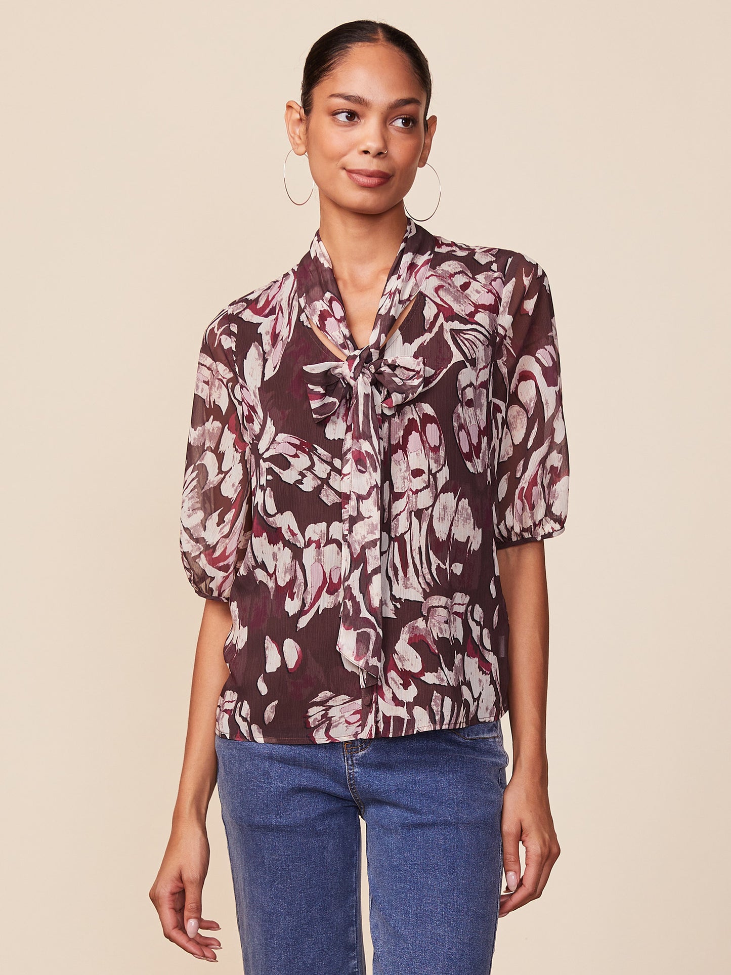 Short Sleeve Tie Neck Printed Blouse