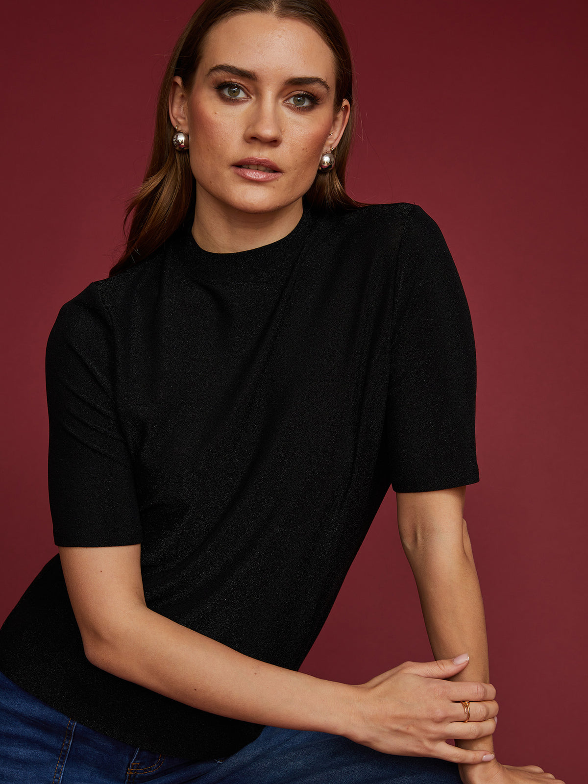 Mock Neck Glitter Knit Top