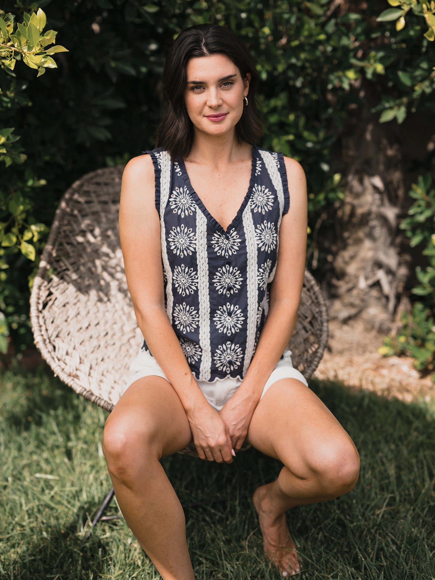Embroidered Cotton Button Tank
