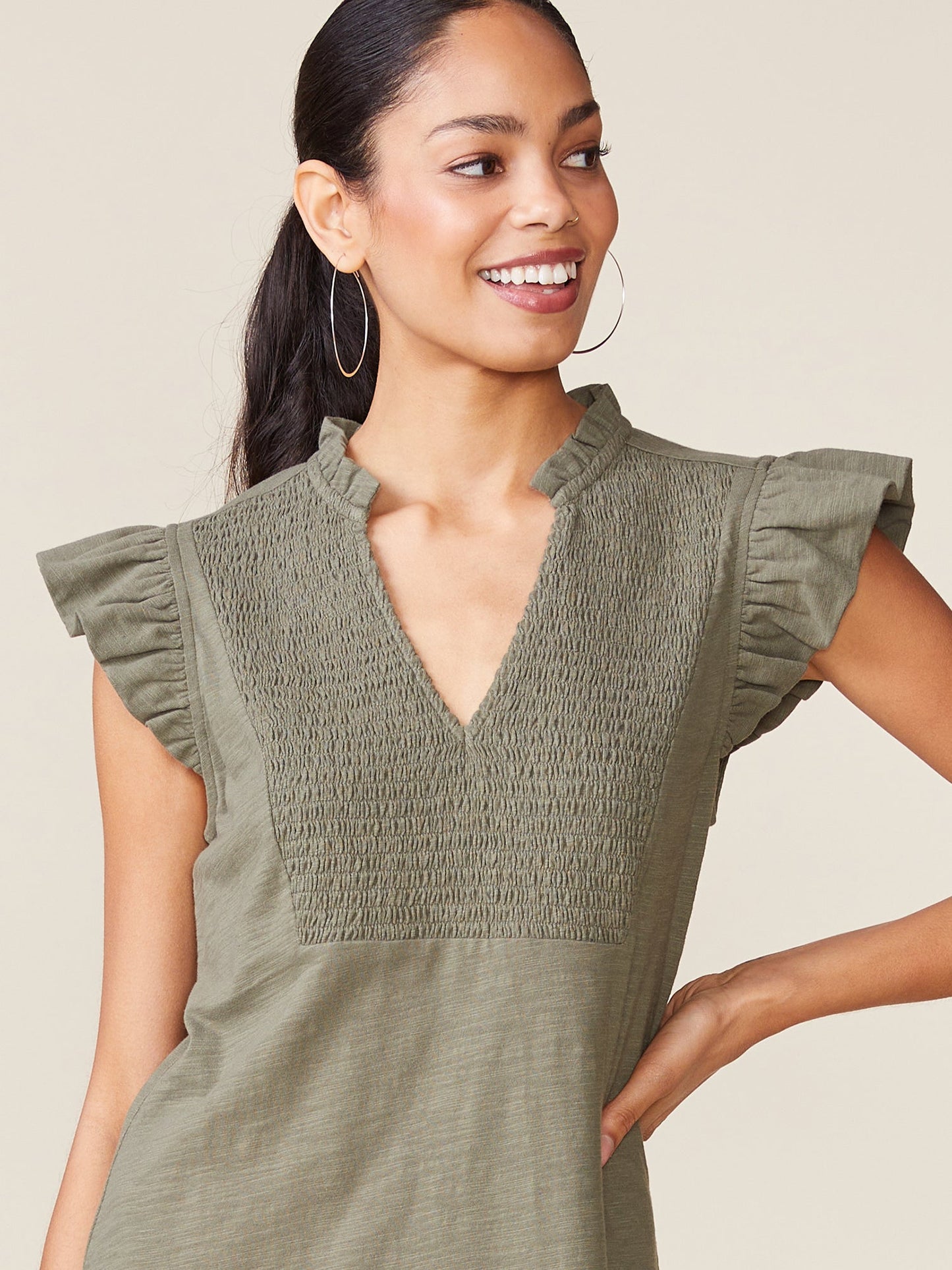 Smocked Bib Slub Dress