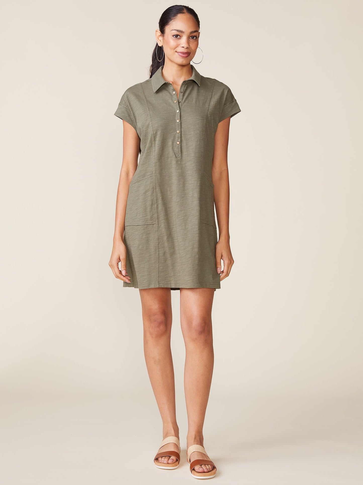 Slub Snap Dress - Olive