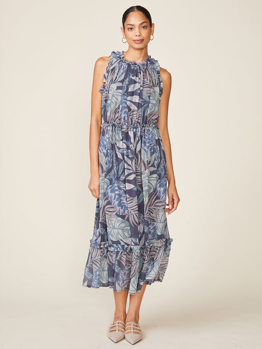 Sleeveless Printed Ruffle Midi Dress
