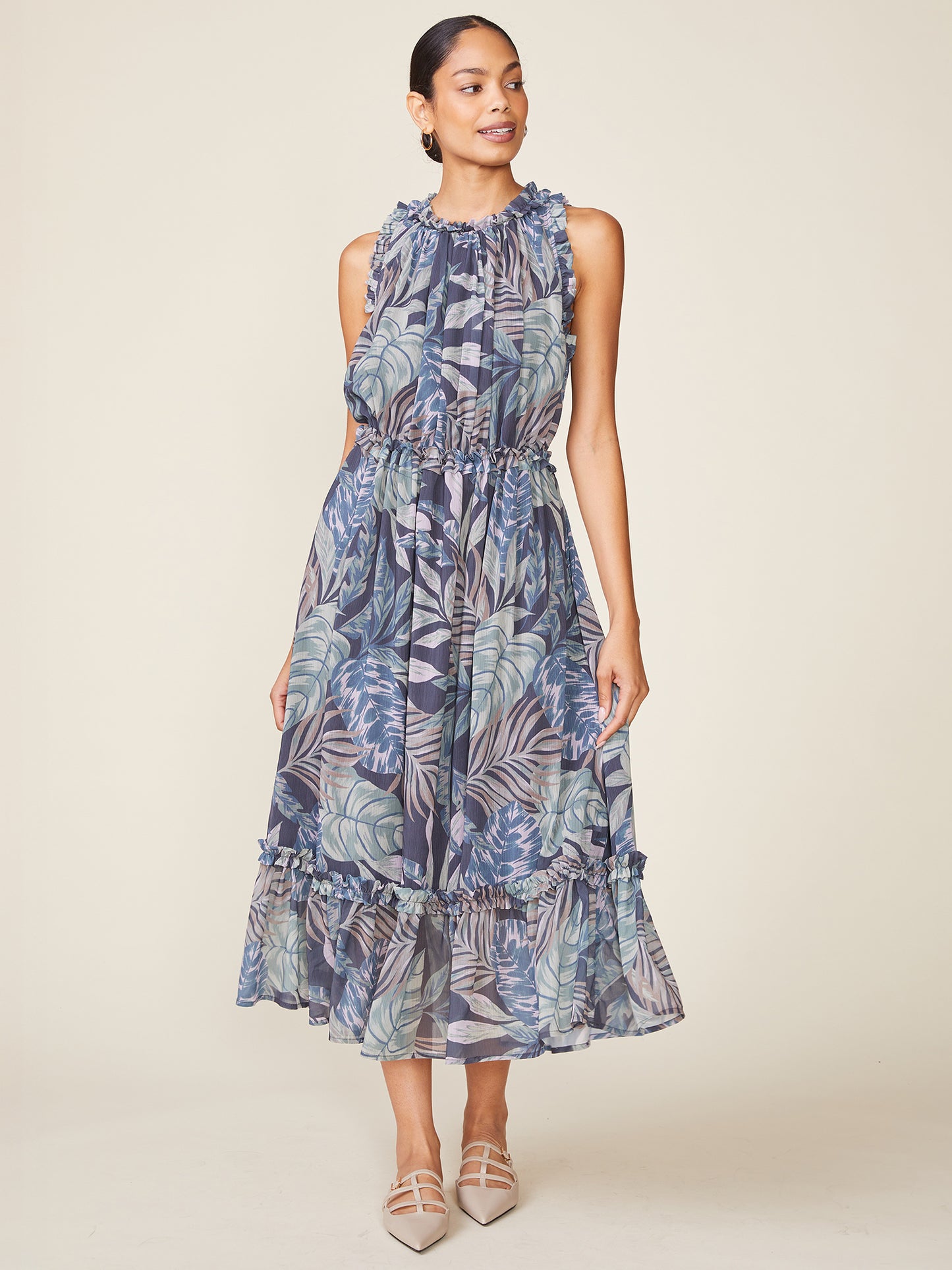 Sleeveless Printed Ruffle Midi Dress