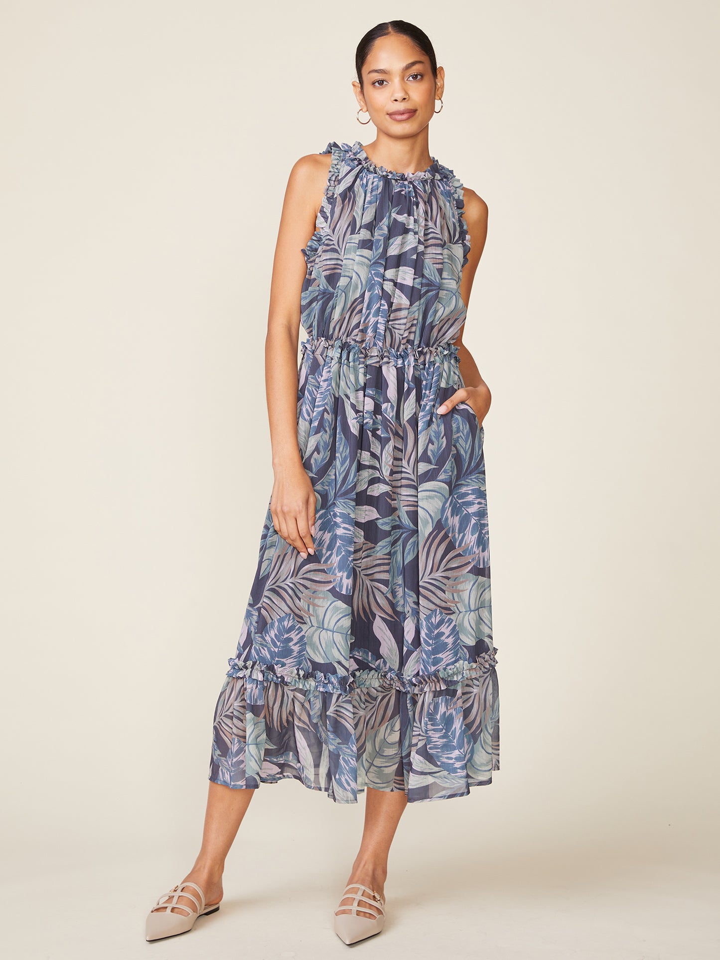 Sleeveless Printed Ruffle Midi Dress