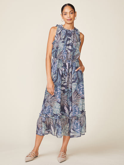 Sleeveless Printed Ruffle Midi Dress