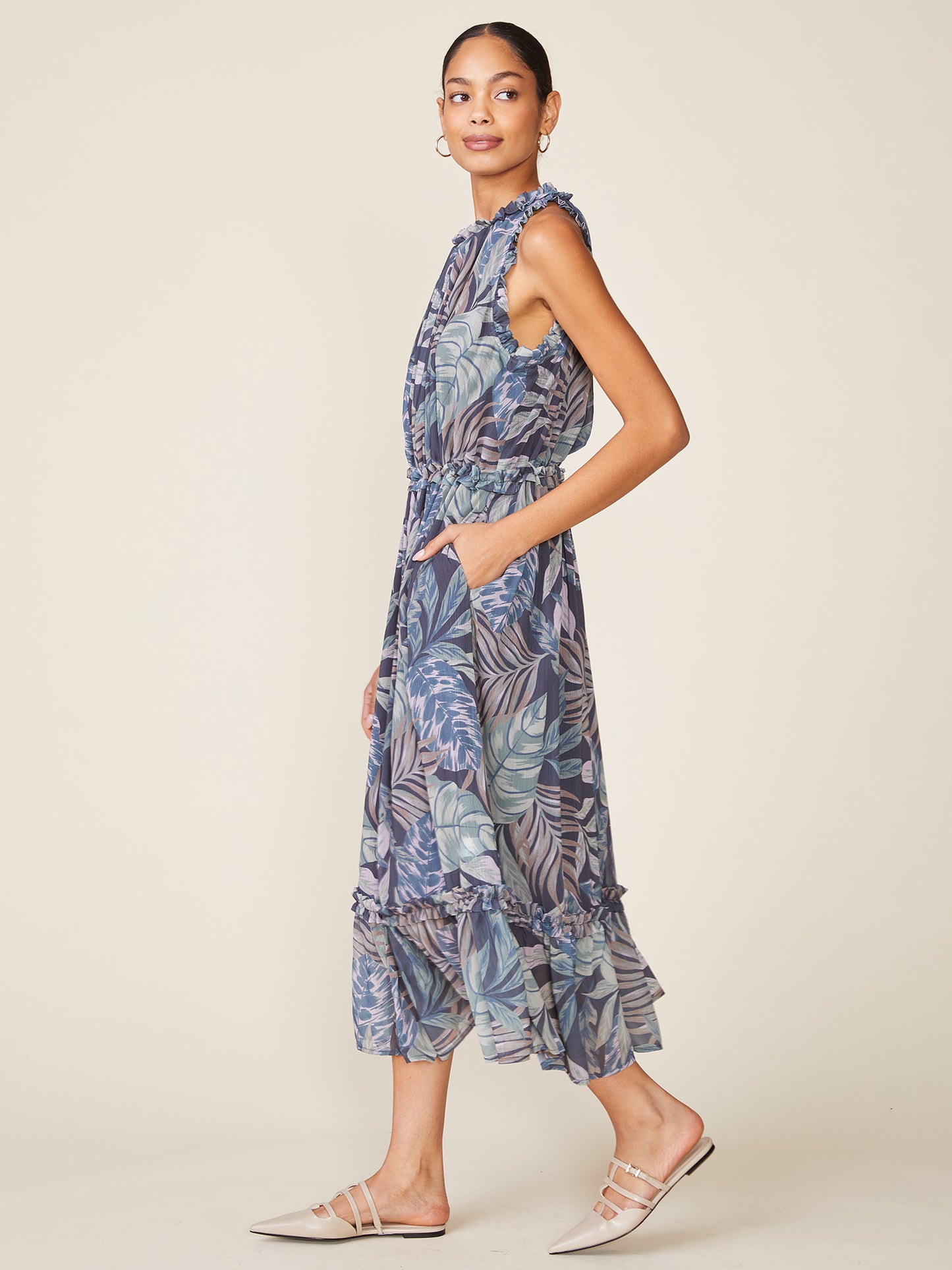 Sleeveless Printed Ruffle Midi Dress