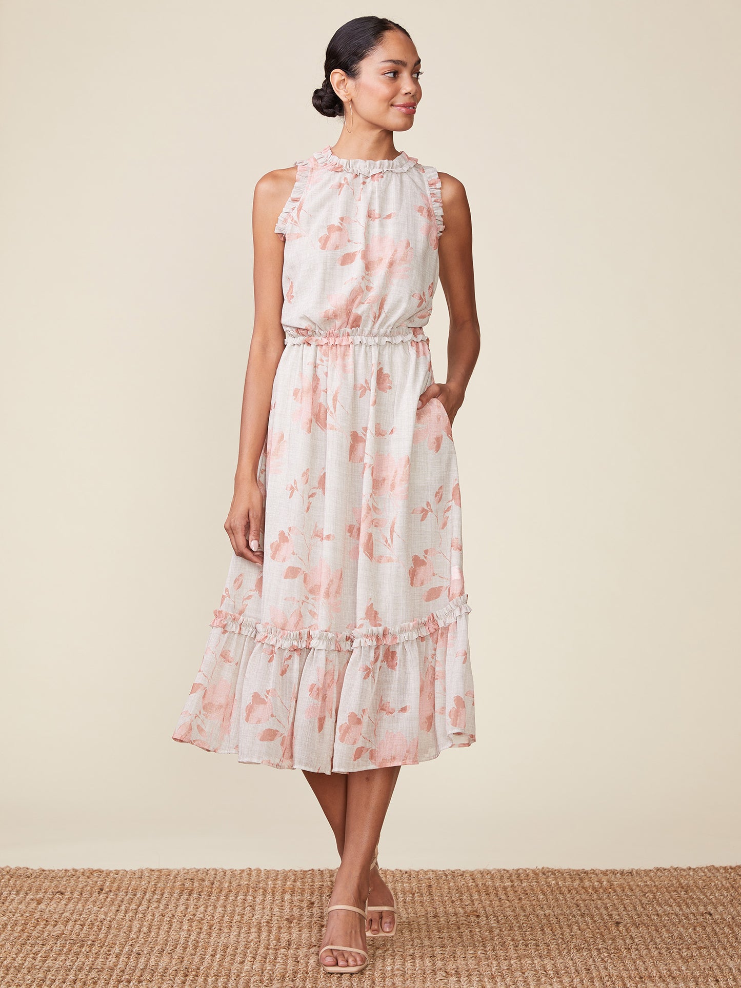 Sleeveless Printed Ruffle Midi Dress