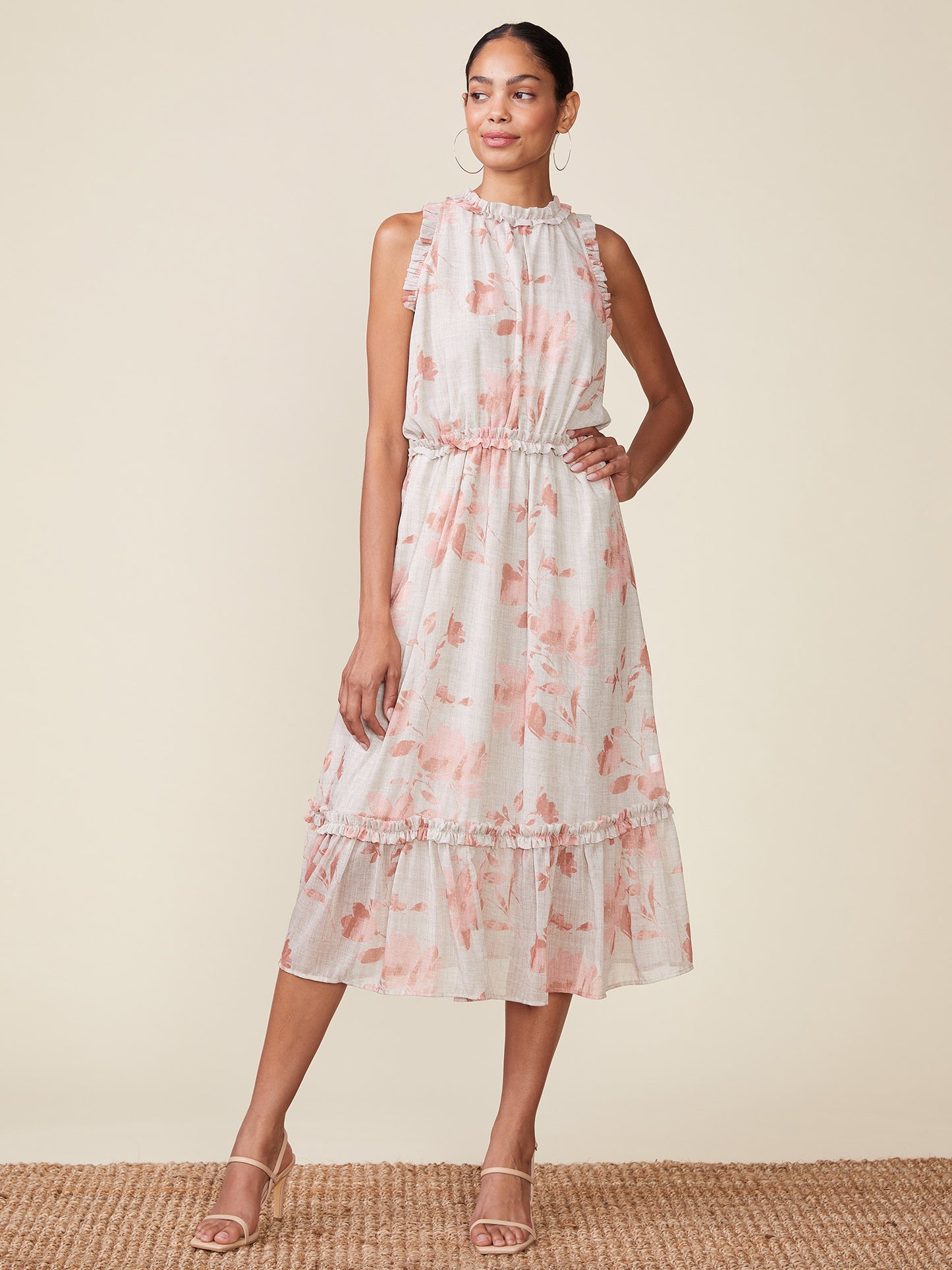 Sleeveless Printed Ruffle Midi Dress